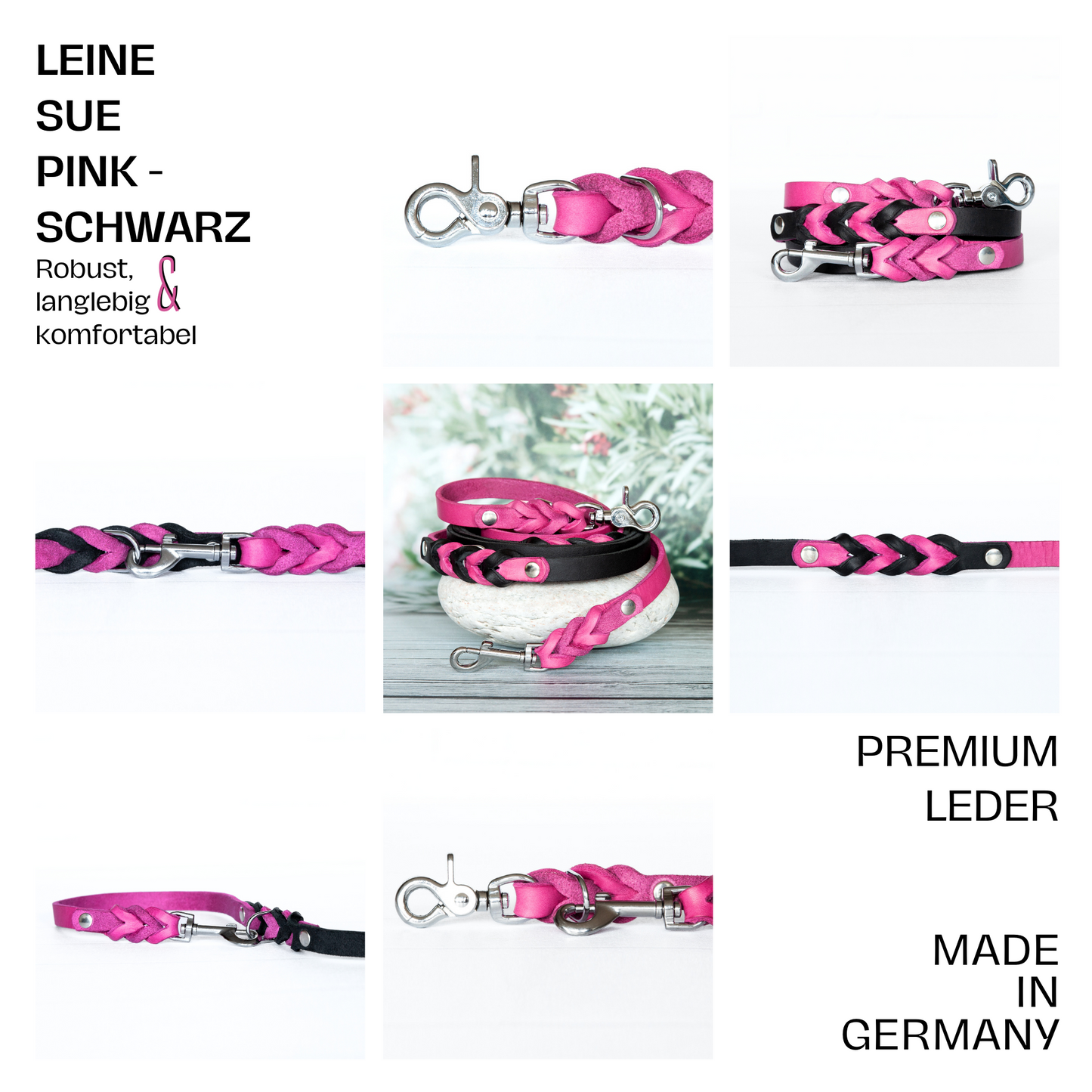 Mehrere Ansichten der handgefertigten Hundeleine Sue in Pink-Schwarz aus geflochtenem Leder mit robusten Karabinern.