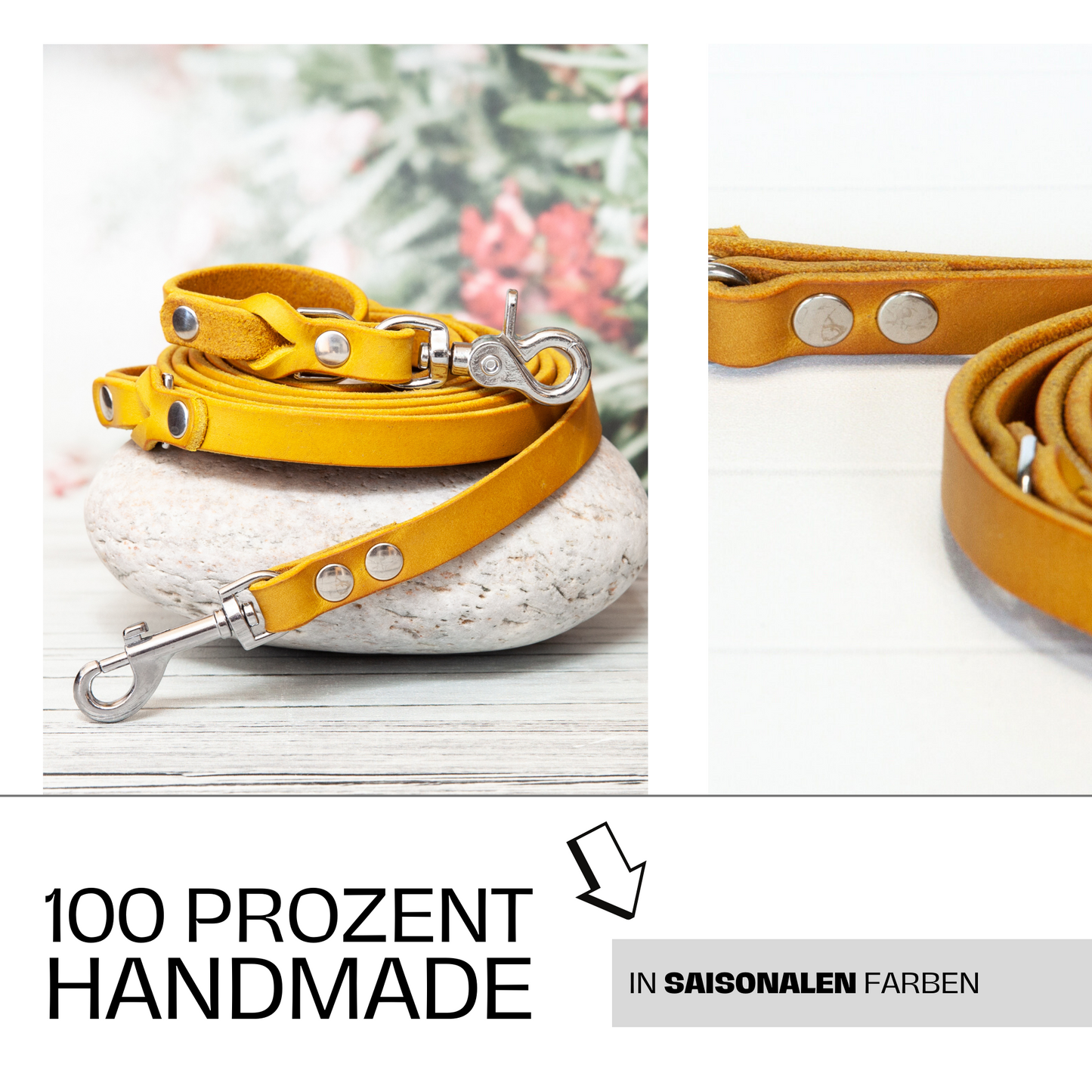 Handmade Hundeleine Sunny in Currygelb aus Leder – erhältlich in saisonalen Farben