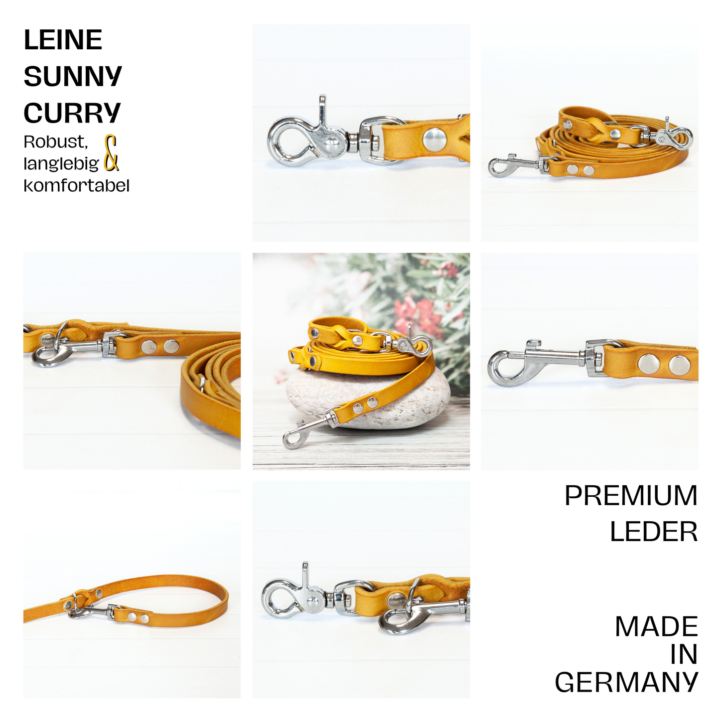 Übersicht der Sunny Lederleine in Currygelb – aus hochwertigem Leder gefertigt und Made in Germany