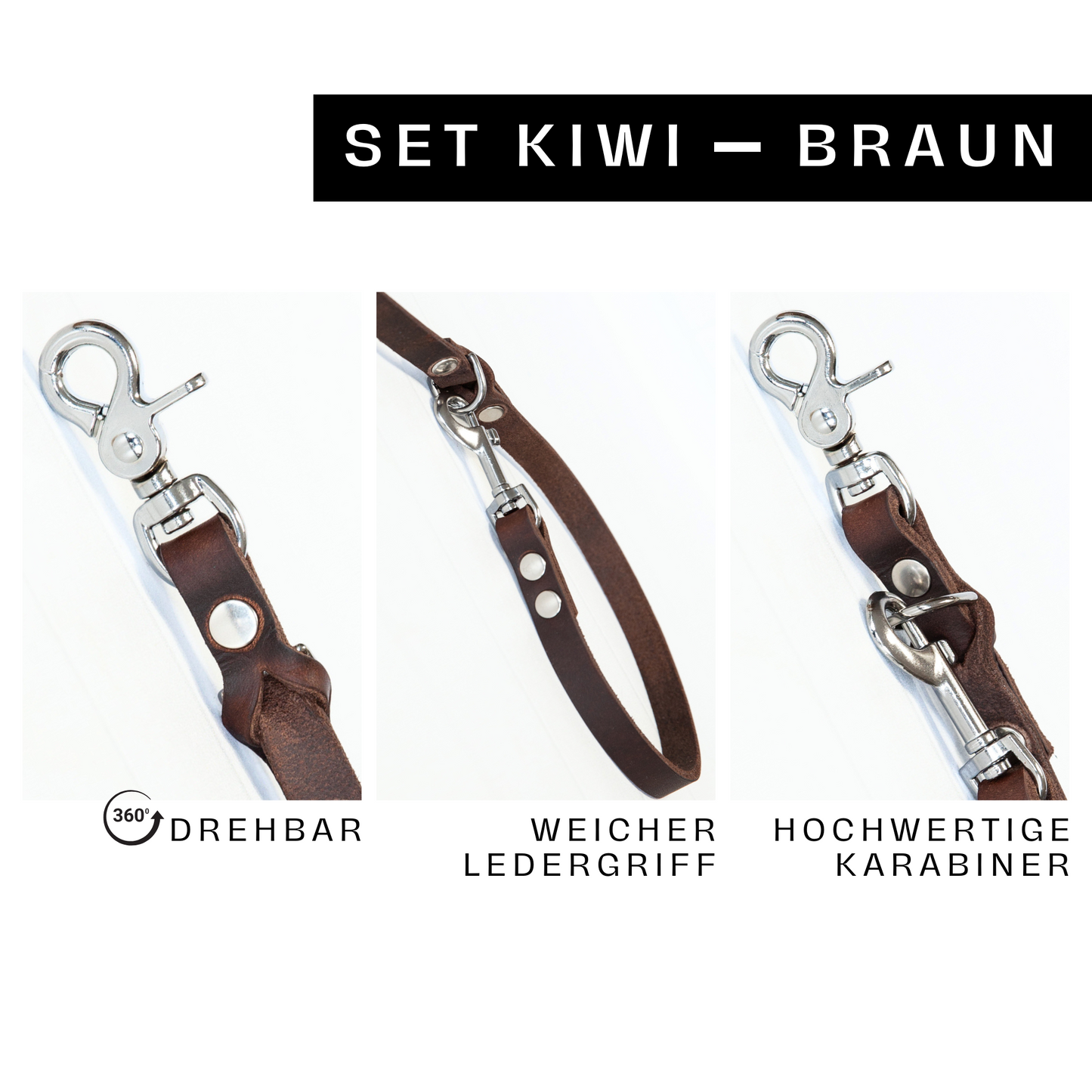 Hundeleine KIWI in Braun mit drehbarem Karabiner, griffigem Ledergriff und fein gearbeiteter Naht – 100 % handmade