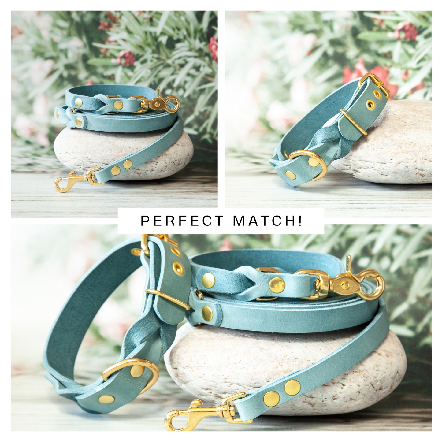 Set KIWI Eisblau – perfekt aufeinander abgestimmte Lederleine und Halsband für stilbewusste Hundehalter