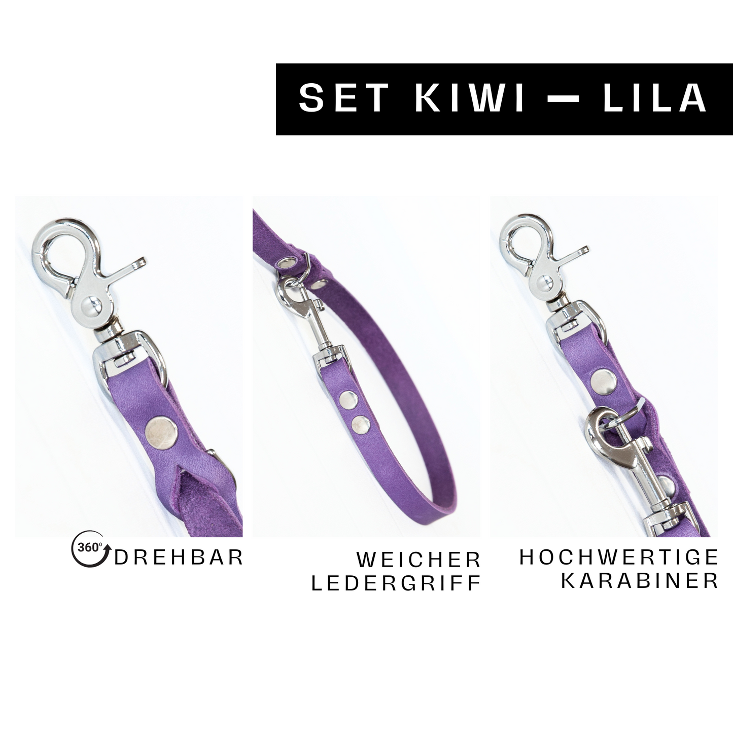 Hundeleine KIWI in Lila mit drehbarem Karabiner, weichem Ledergriff und stabiler Handarbeit aus Leder