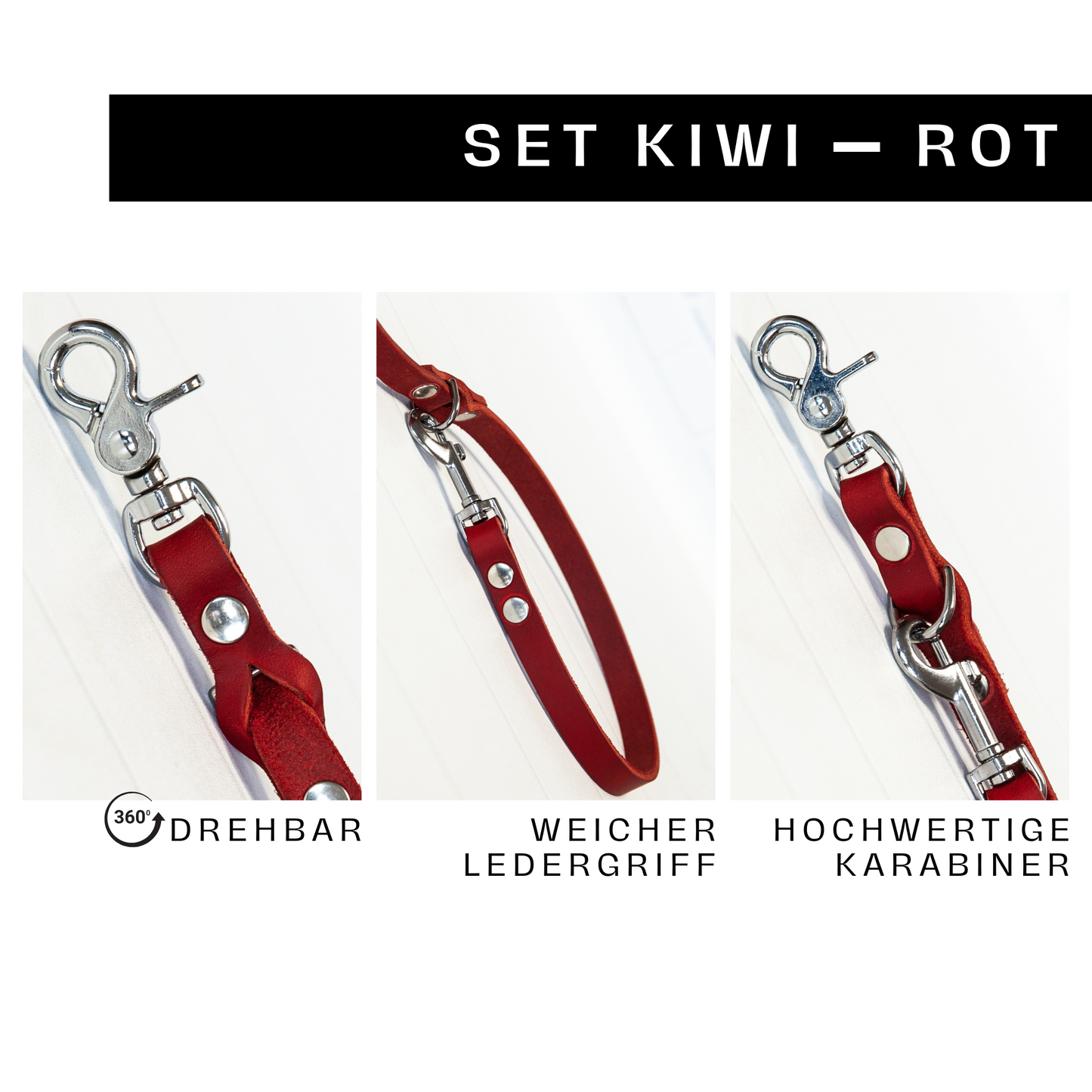 Detailaufnahme der roten Hundeleine KIWI mit silbernem Karabiner, weichem Ledergriff und drehbarem Haken
