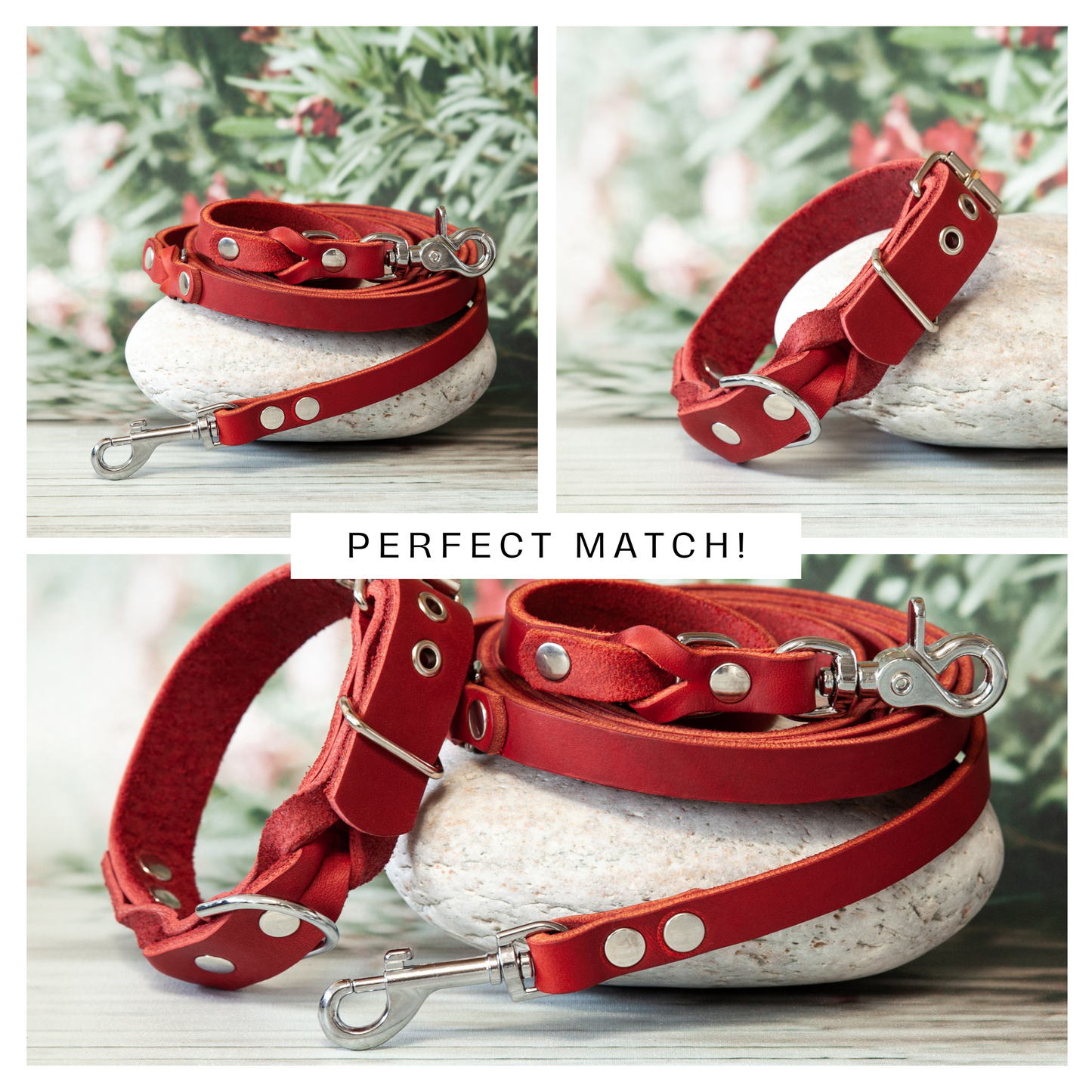 Perfektes Set KIWI Rot – Hundeleine und Halsband aus Leder mit silbernem Karabiner im stilvollen Design