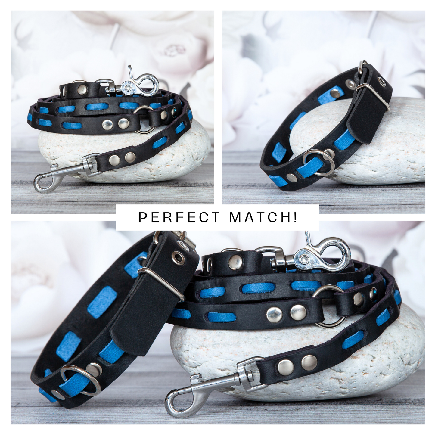 Halsband und Leine im Set Lily Azurblau – perfekt aufeinander abgestimmt mit silberfarbenen Karabinern und edler Optik.