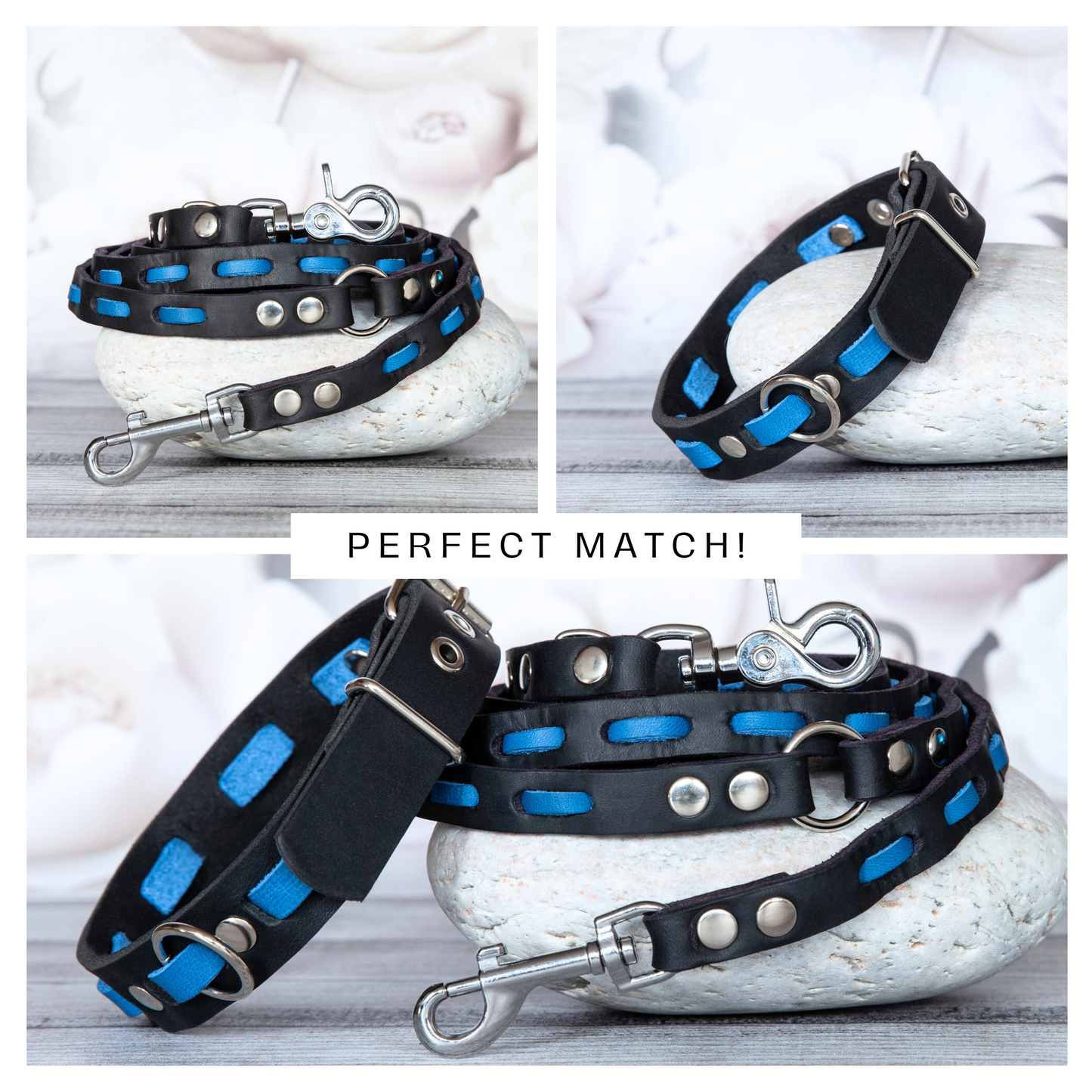 Hundeleine und Halsband Lily in Azurblau-Schwarz als handgefertigtes Set – perfekt aufeinander abgestimmt für stilvolle Hundebegleitung.