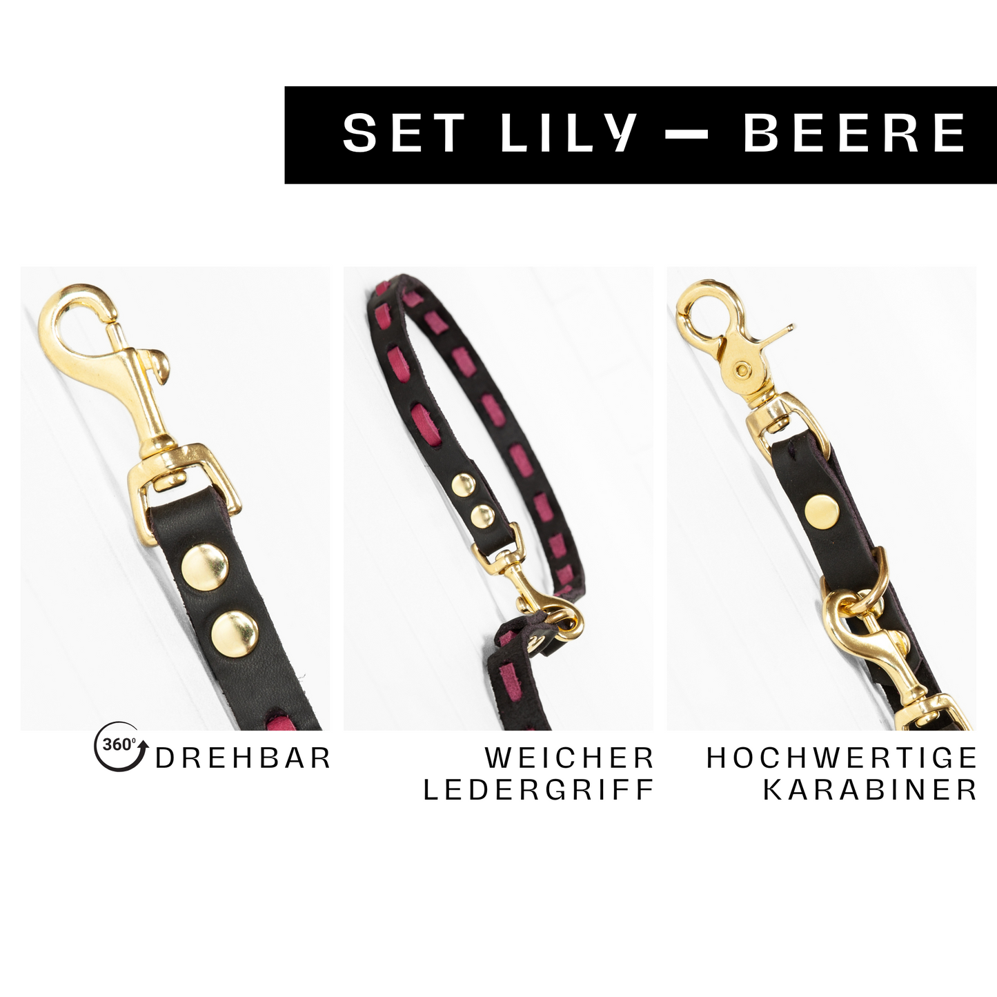 Detailaufnahme des Hundesets „Lily“ in Beere-Schwarz mit 360° drehbarem Karabiner, weichem Ledergriff und hochwertigem Verschluss.
