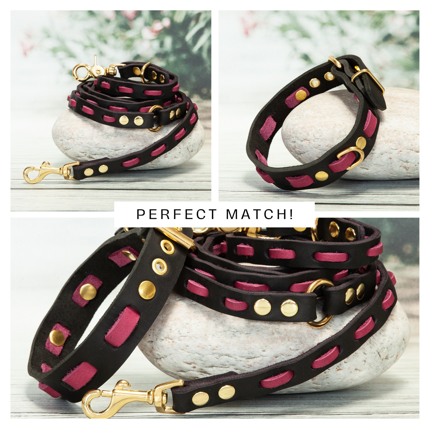 Hundeleine und Halsband aus der Lily-Kollektion in Beere-Schwarz als harmonisches Set – perfekt aufeinander abgestimmt.