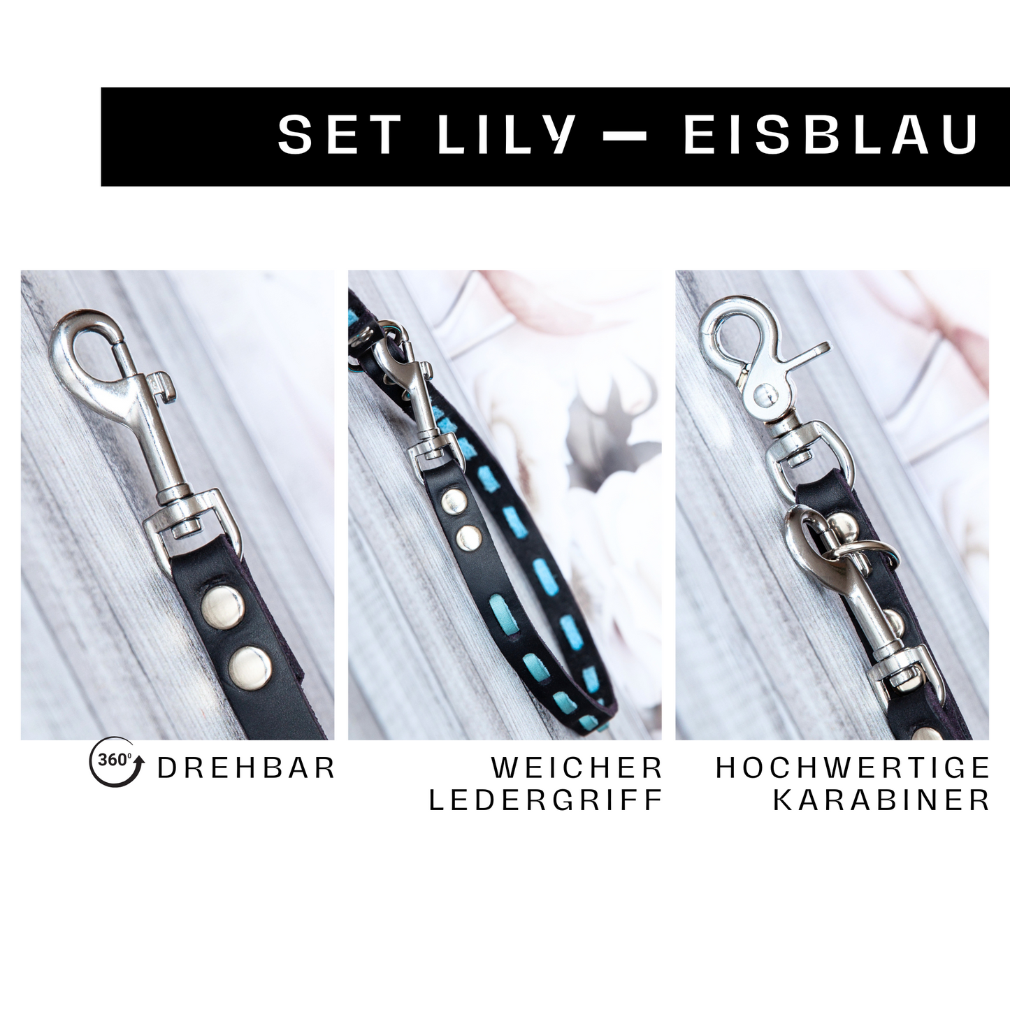 Detailaufnahme vom Set LILY in Eisblau-Schwarz – drehbarer Karabiner, weicher Ledergriff, handgefertigt in Deutschland
