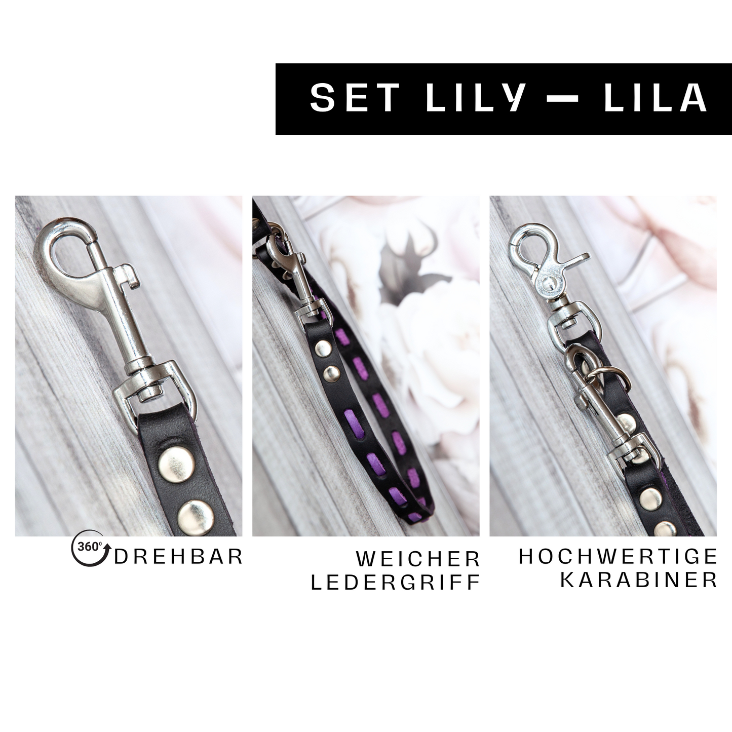 Detailaufnahme des handgefertigten Hundeleinen-Sets LILY in Lila-Schwarz mit drehbarem Karabiner, weichem Griff und hochwertigem Leder