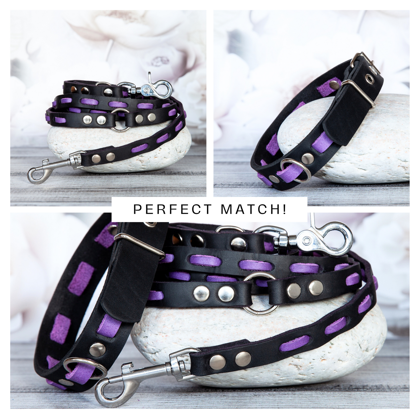Hundeleinen- und Halsband-Set LILY in Lila-Schwarz – perfekt aufeinander abgestimmt, handgefertigt aus Leder mit silberfarbenem Karabiner