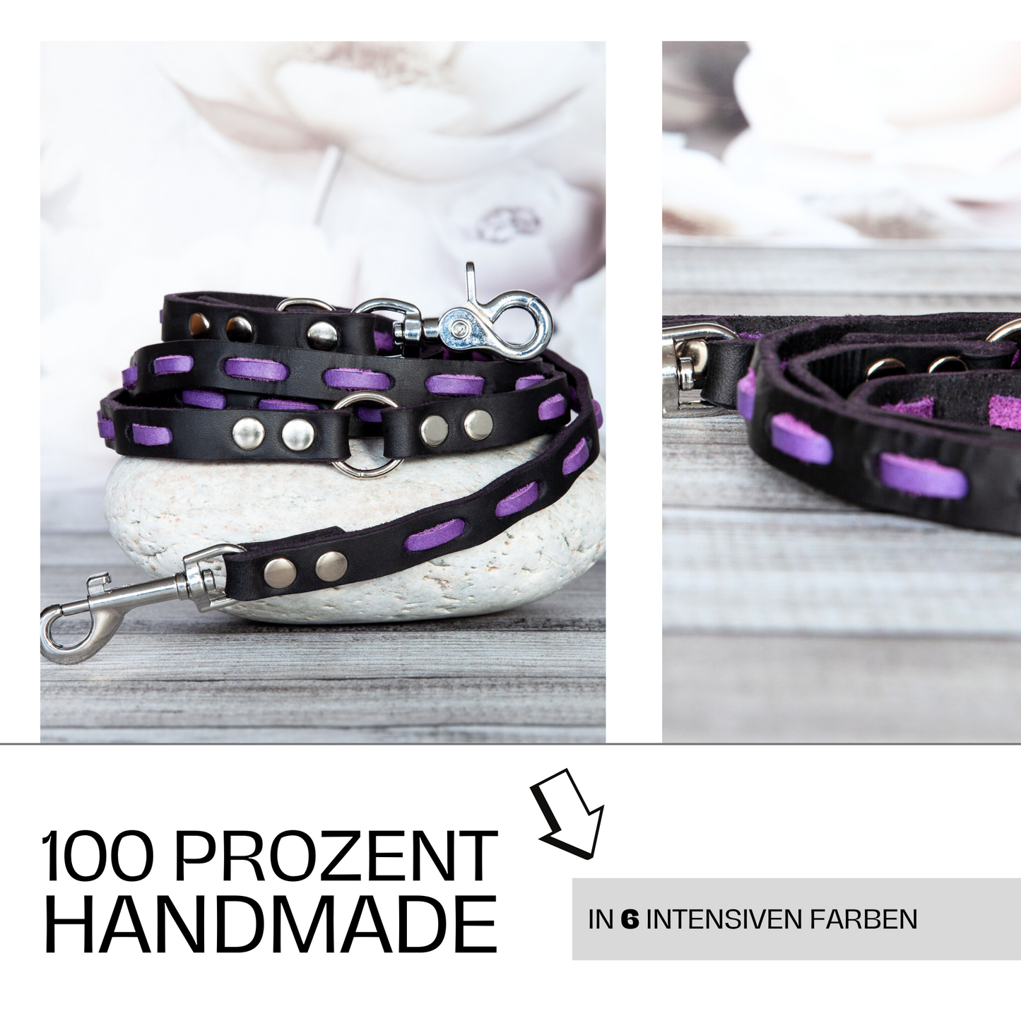 Set LILY in Lila-Schwarz – handgemachte Hundeleine mit passendem Halsband, 100 % handmade und in 6 Farben erhältlich