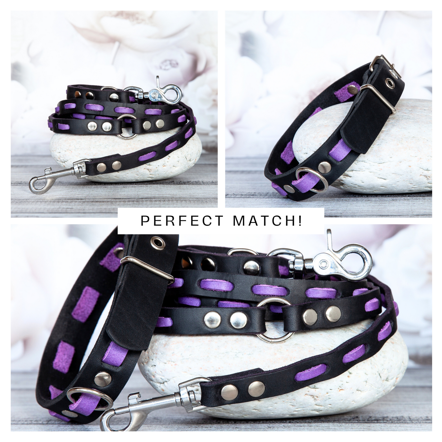 Perfekt aufeinander abgestimmtes Set aus Leine und Halsband Lily in Lila-Schwarz – elegant, sicher und stilvoll.