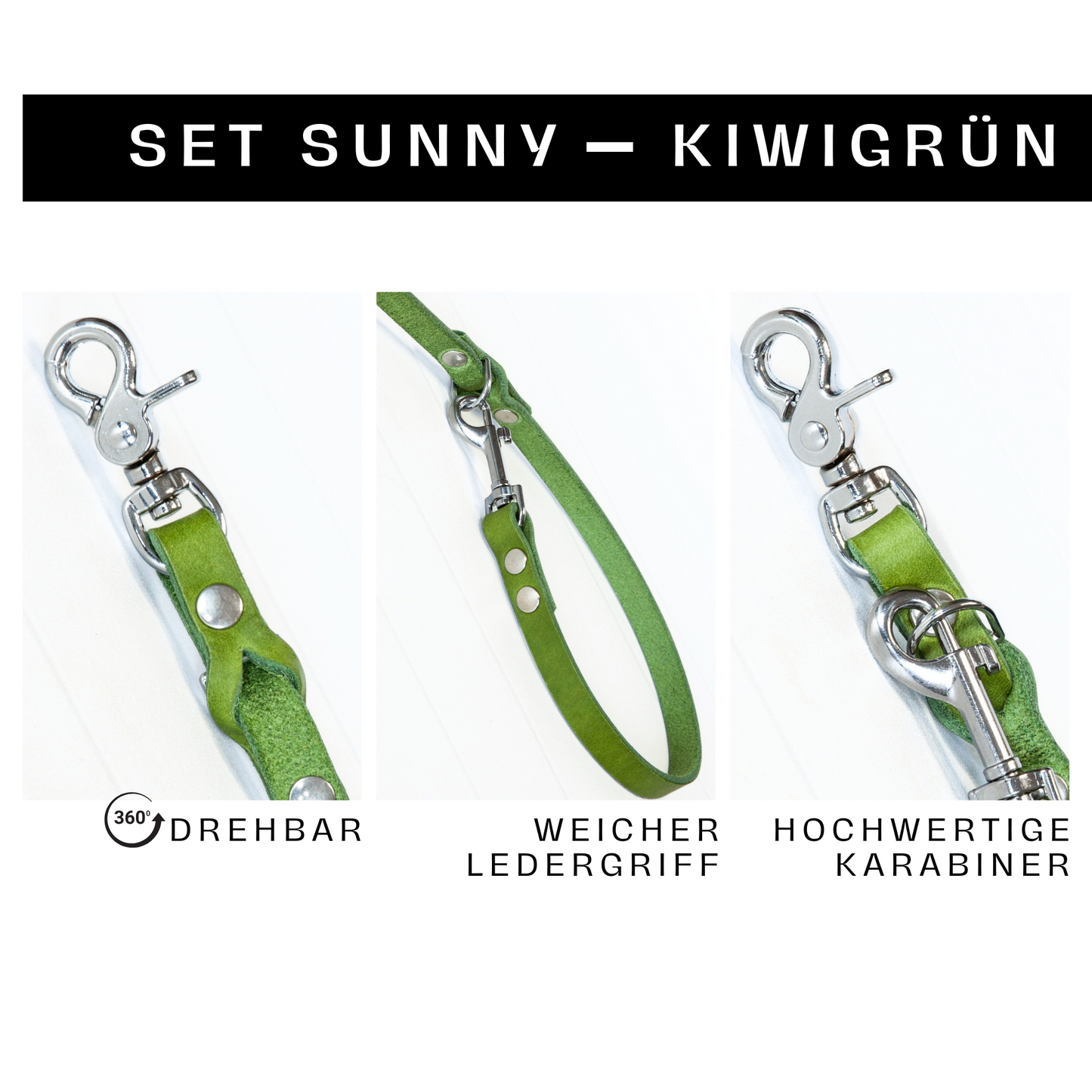 Hundeleine SUNNY in Kiwigrün mit drehbarem silbernem Karabiner, stabilem Ledergriff und handgefertigter Verarbeitung