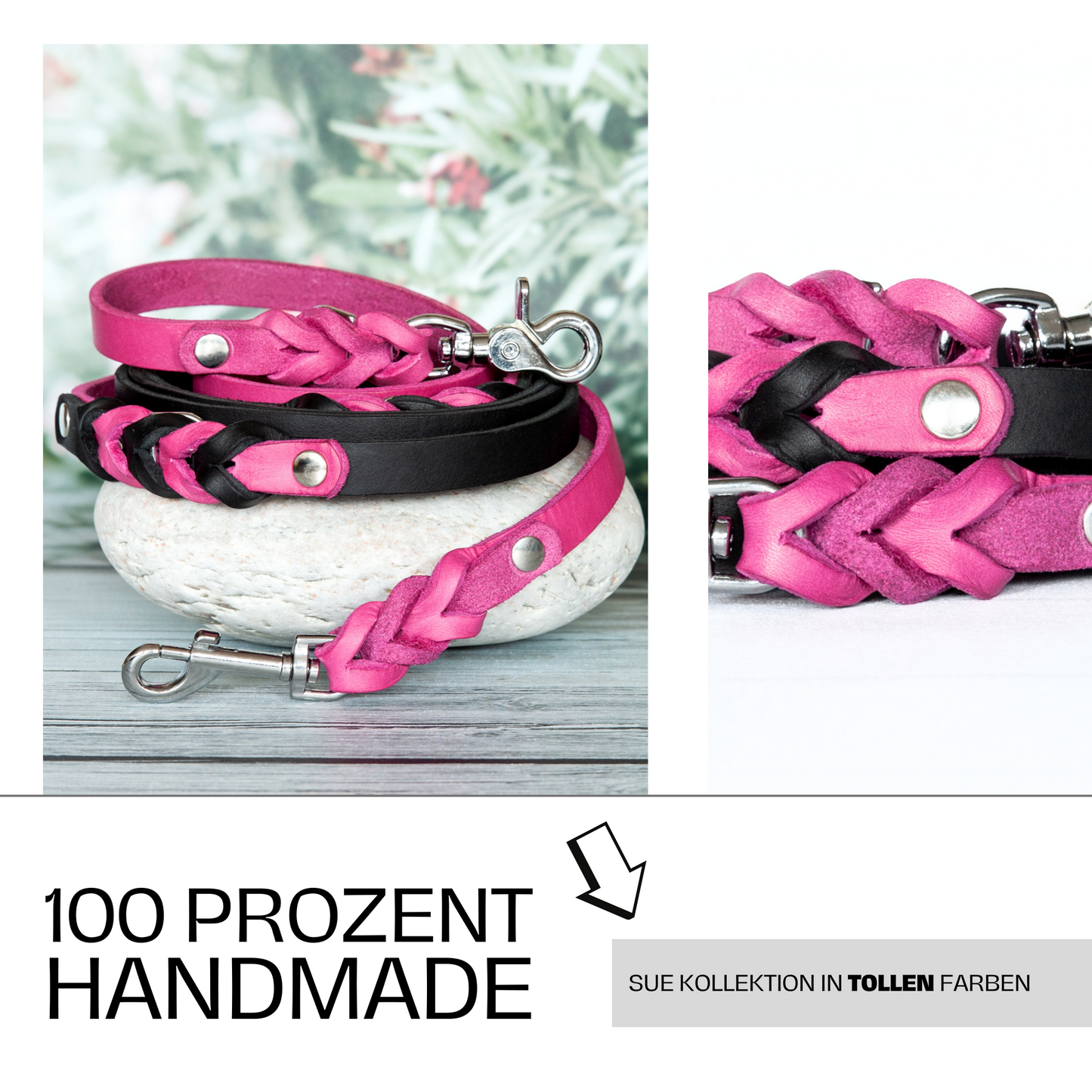 Hundeleine Sue Pink-Schwarz als Teil einer handgefertigten Lederkollektion – erhältlich in verschiedenen Farben.
