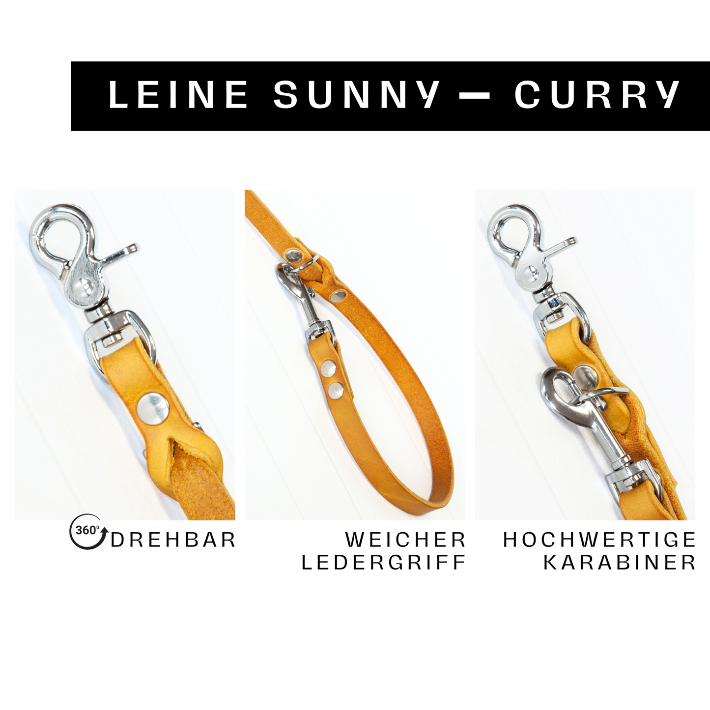 Detailansicht der curryfarbenen Sunny Hundeleine mit silbernem Drehkarabiner und stabilem Ledergriff