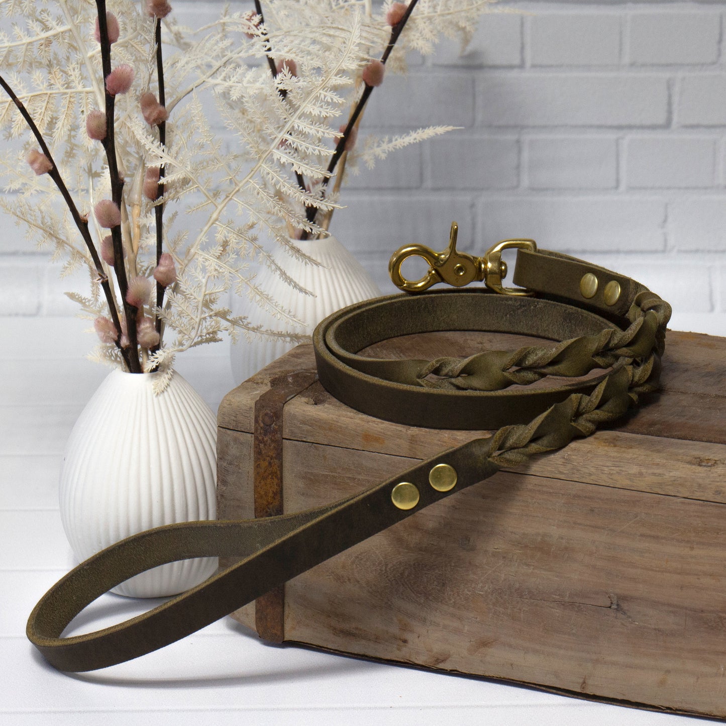 Oliv Echtleder Leine "IHSY" Hunde Geflochten | 120 cm | Geschenkidee Hundebesitzer | Messing
