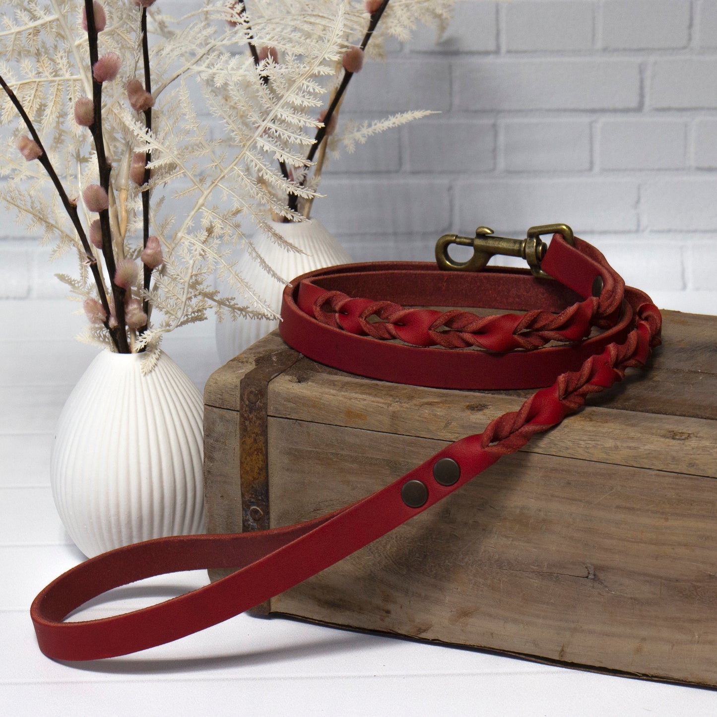 Rote Echtleder Leine "IHSY" Hunde Geflochten | 120 cm | Geschenkidee Hundebesitzer | Antikmessing