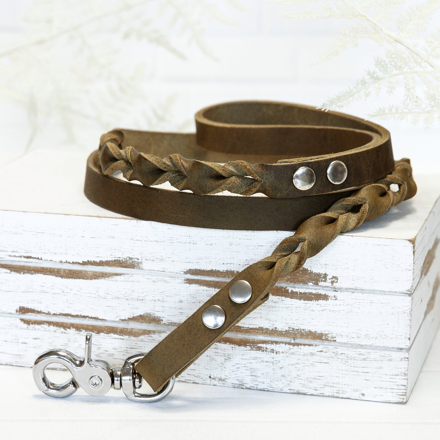 Oliv Echtleder Leine "IHSY" Hunde Geflochten | 120 cm | Geschenkidee Hundebesitzer | Silber verchromt