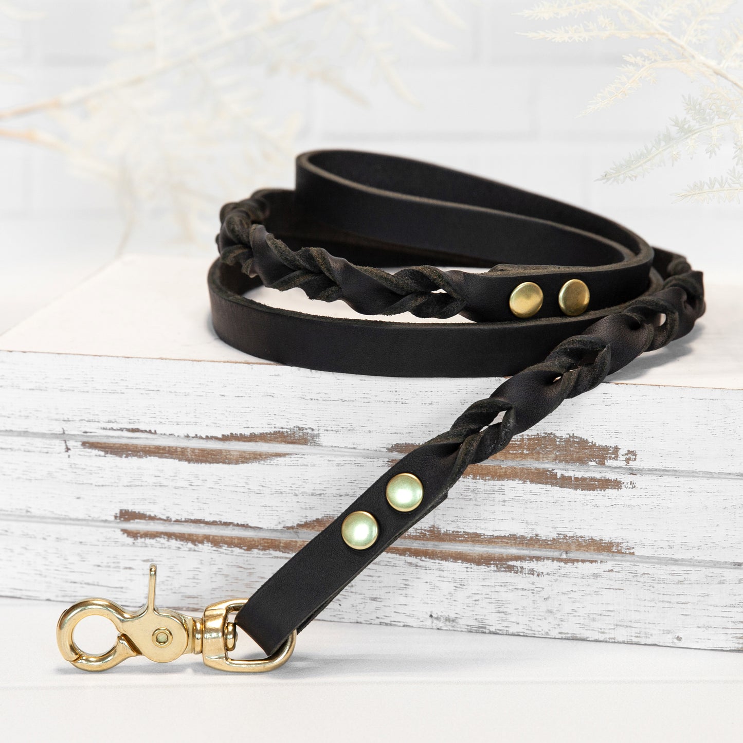 Schwarze Echtleder Leine "IHSY" Hunde Geflochten | 120 cm | Geschenkidee Hundebesitzer | Messing