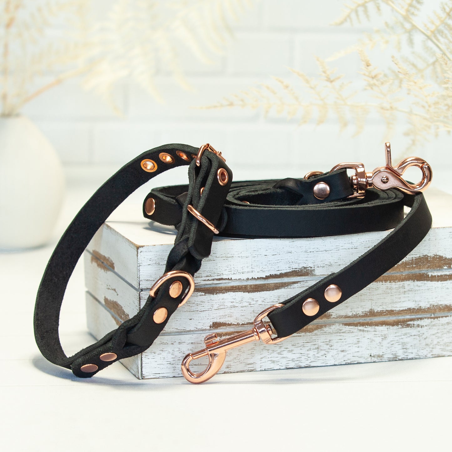 Set JIMINY für kleine Hunde | Lederleine und Halsband | Schwarz