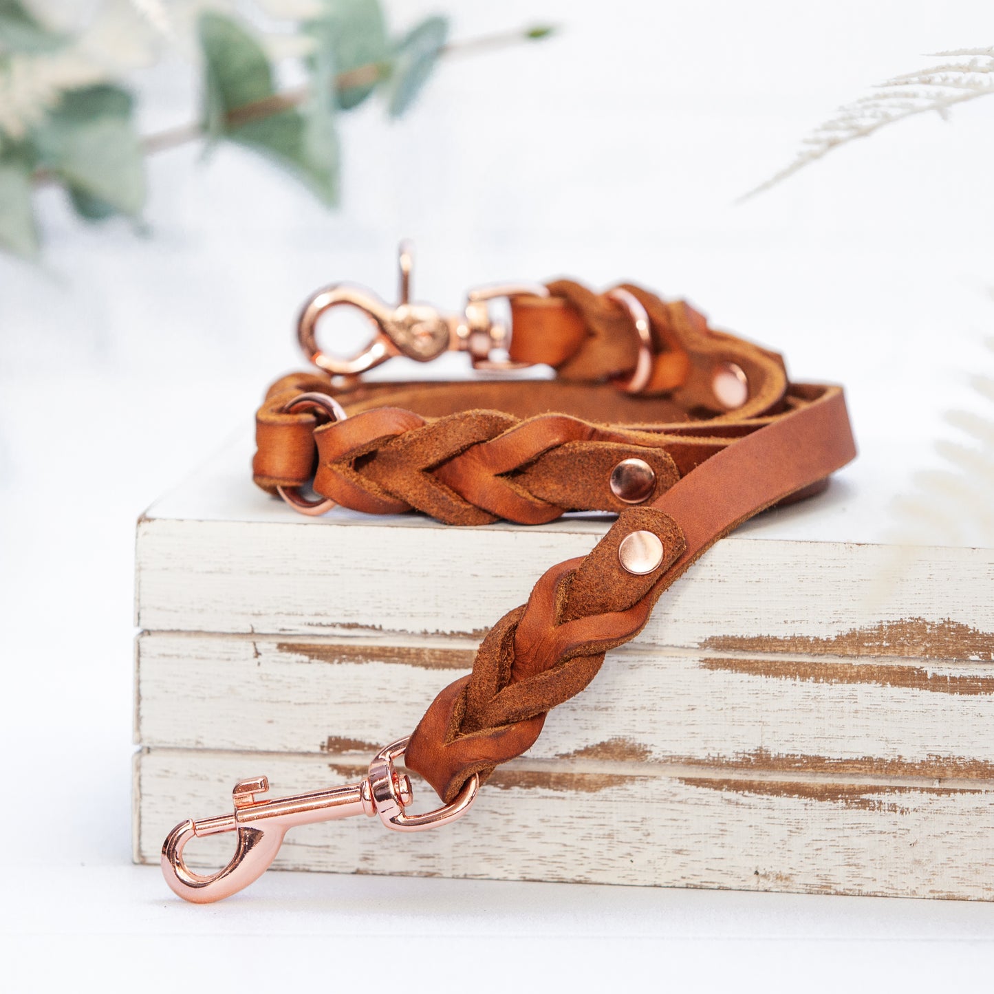 Set ELLA | Halsband und Hundeleine | geflochtenes Leder | Cognac