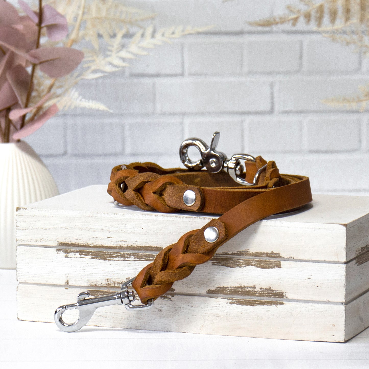 Set ELLA | Halsband und Hundeleine | geflochtenes Leder | Cognac