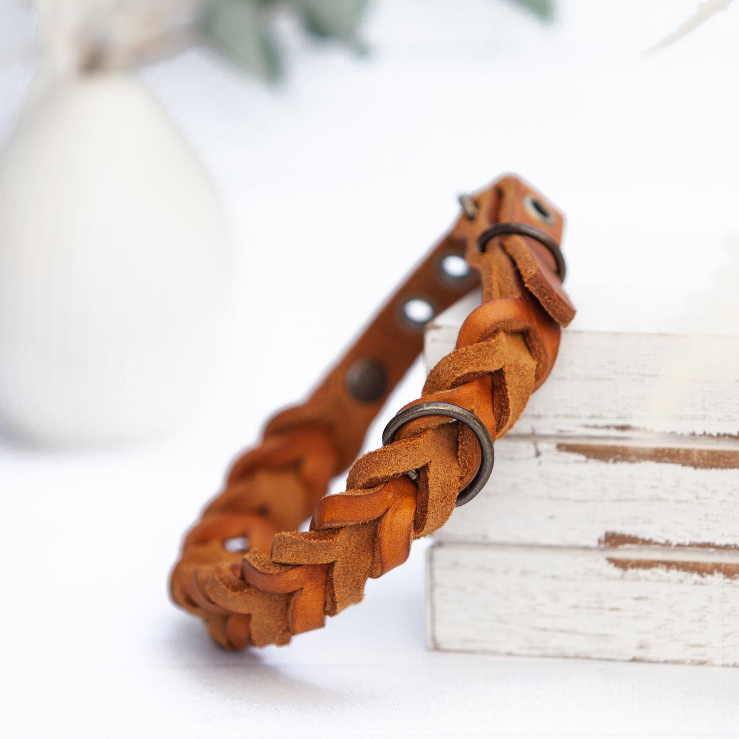 Set ELLA | Halsband und Hundeleine | geflochtenes Leder | Cognac