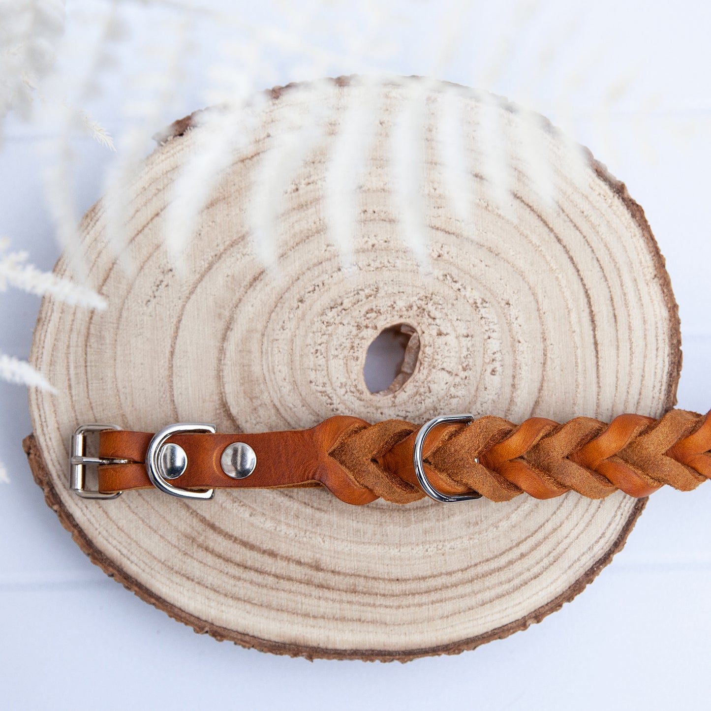 Set ELLA | Halsband und Hundeleine | geflochtenes Leder | Cognac