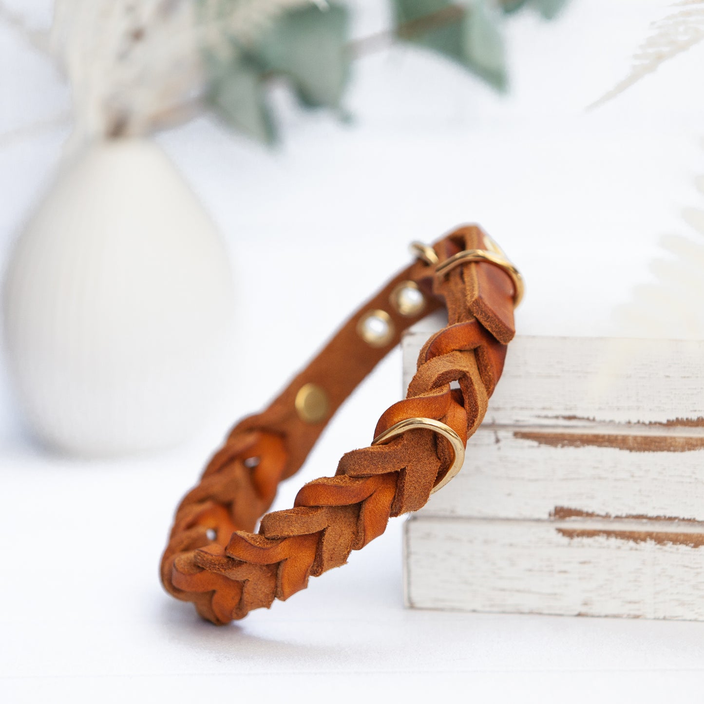 Set ELLA | Halsband und Hundeleine | geflochtenes Leder | Cognac