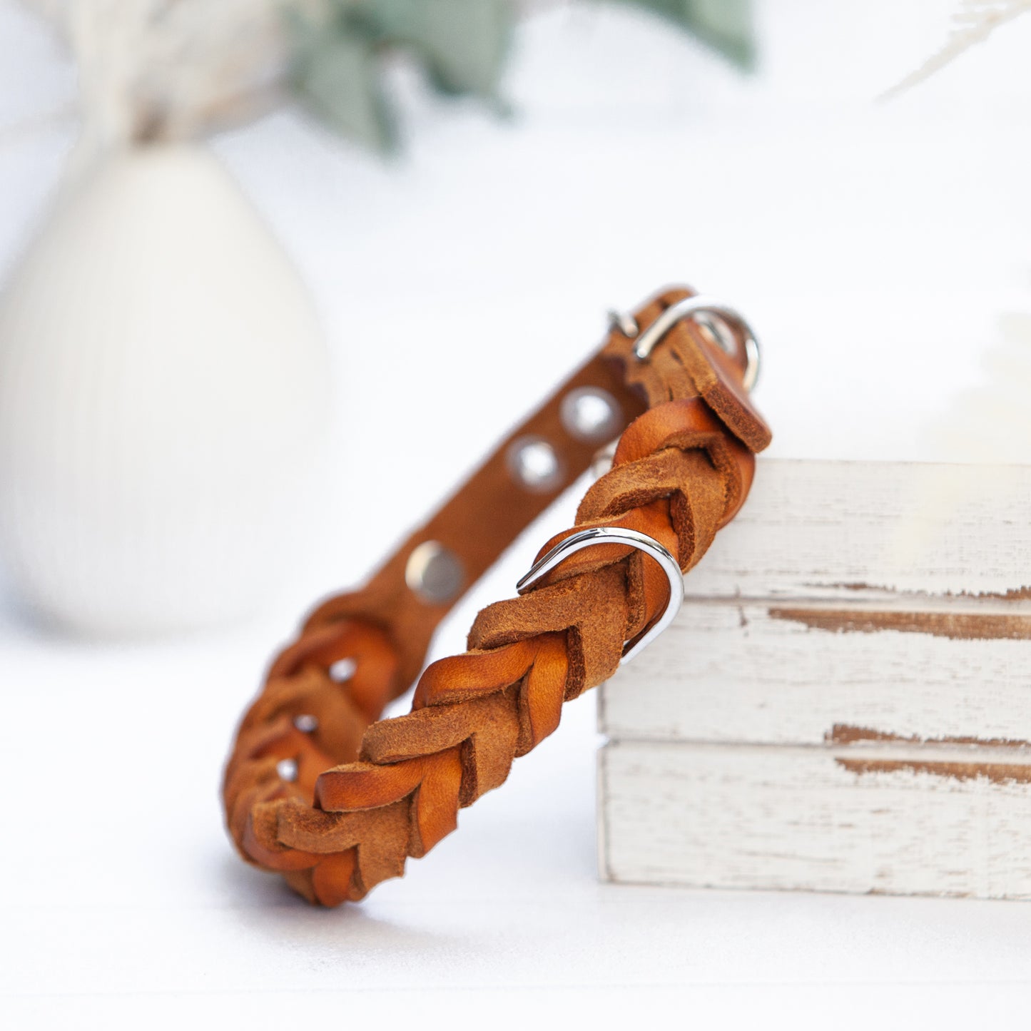 Set ELLA | Halsband und Hundeleine | geflochtenes Leder | Cognac