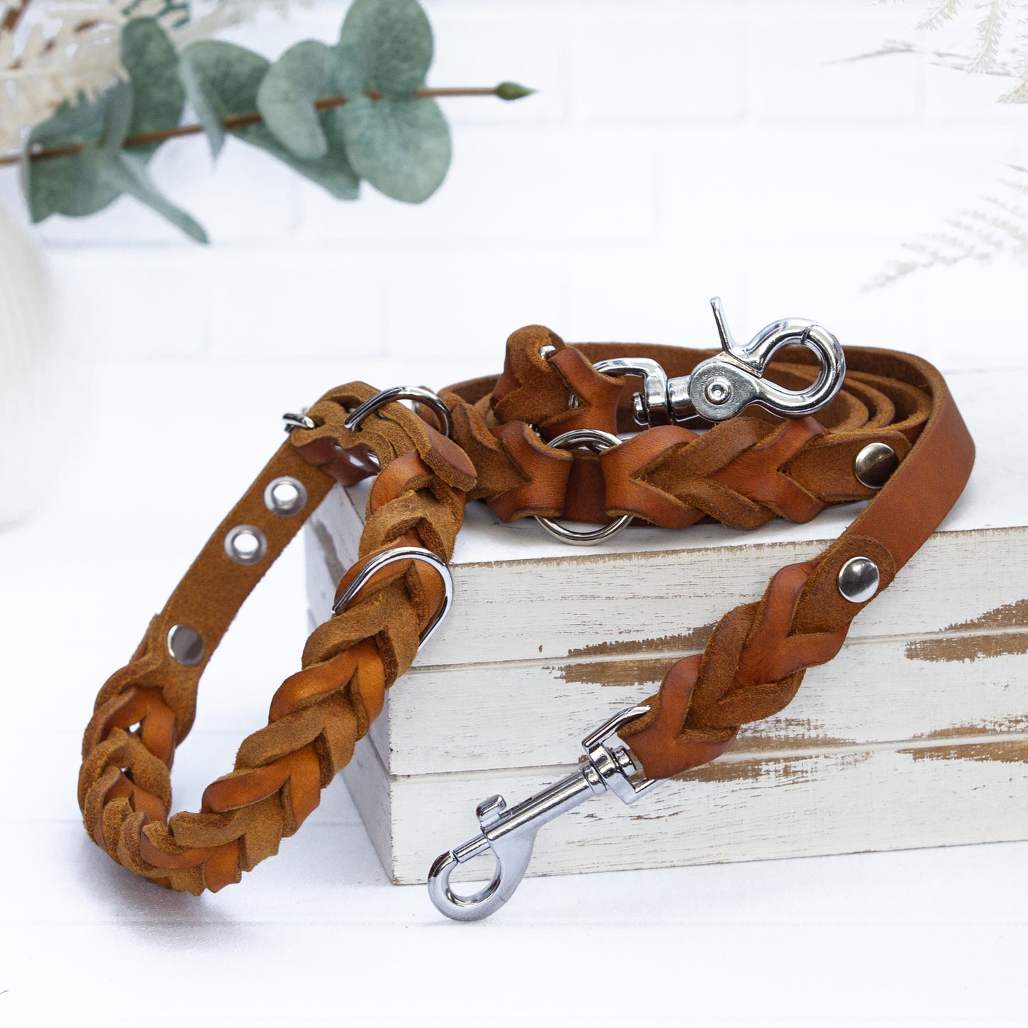 Set ELLA | Halsband und Hundeleine | geflochtenes Leder | Cognac