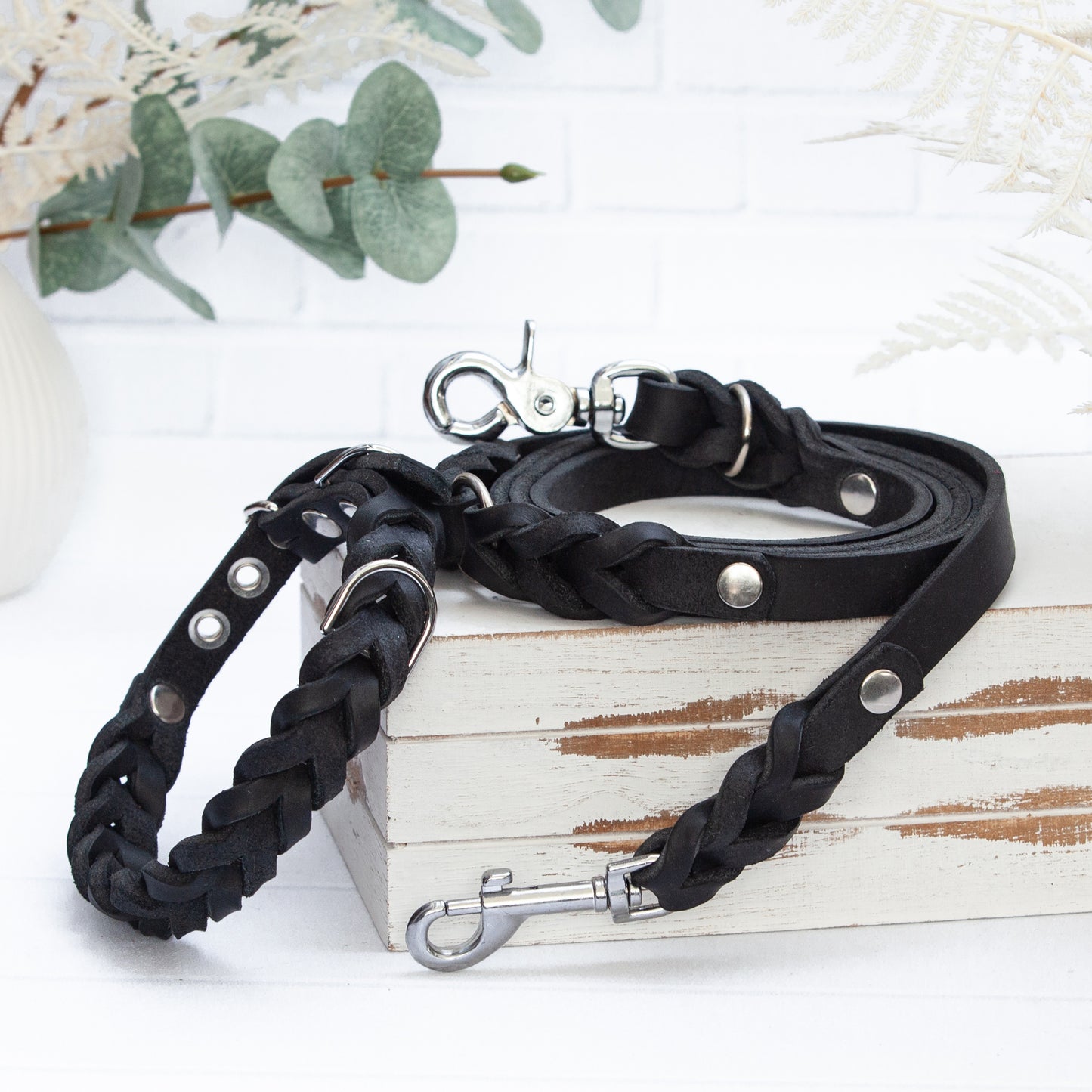 Edles Hundeleinen-Set ELLA in Schwarz mit silberfarbenen Beschlägen – perfekt für stilvolle Spaziergänge mit deinem Hund.