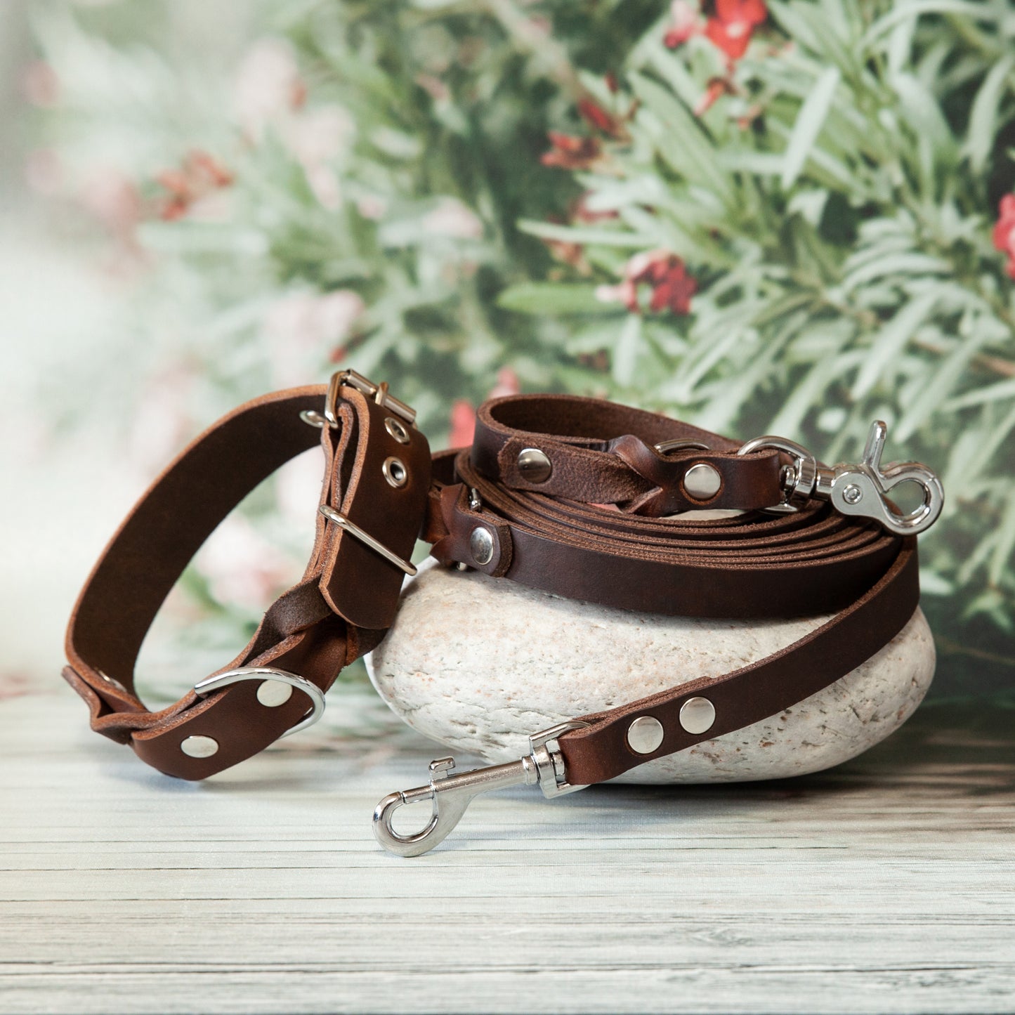 Hundeleinen-Set KIWI in Braun – handgemachte Kombination aus Lederleine und passendem Halsband
