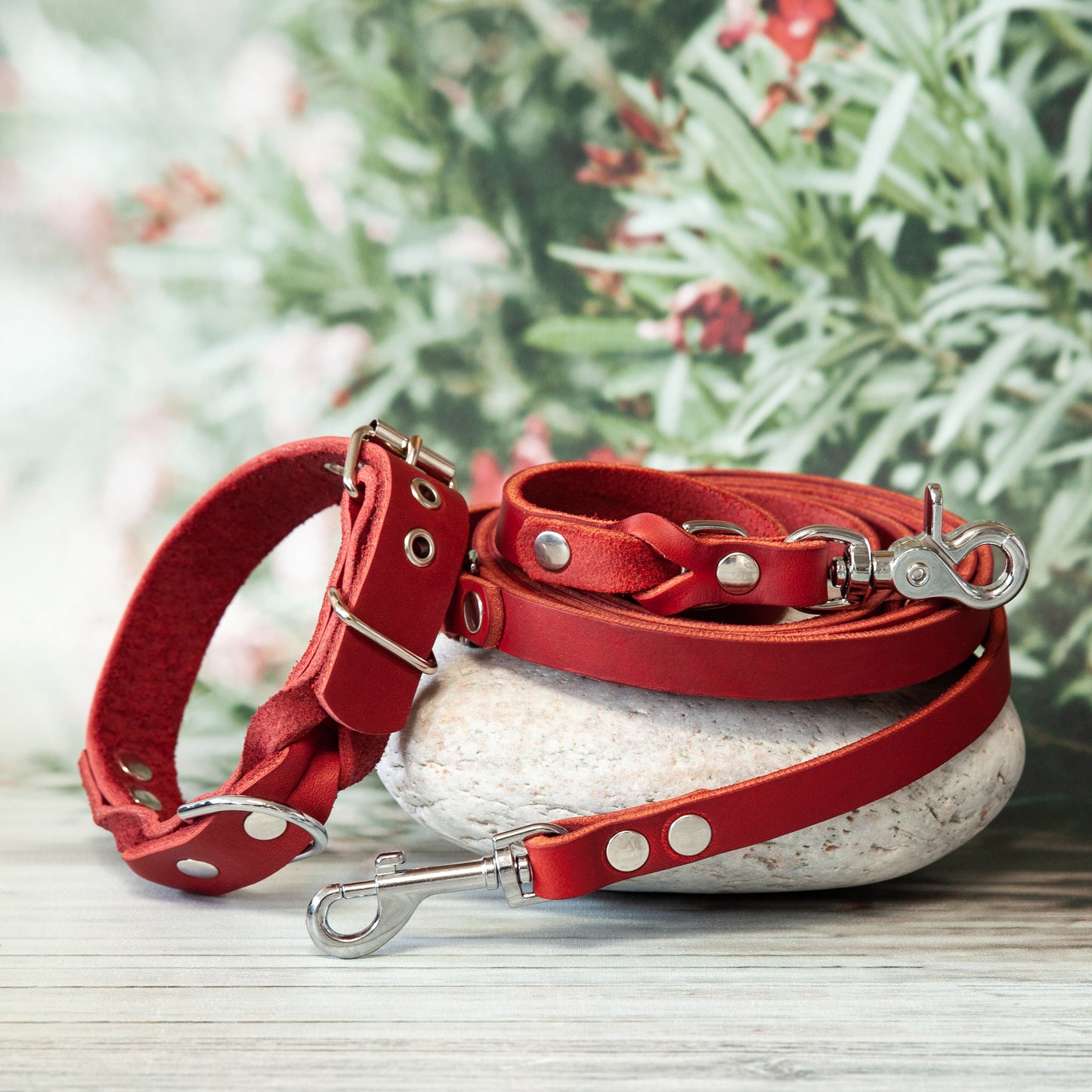 Set KIWI in Rot – handgefertigte Hundeleine und passendes Halsband aus Leder mit silberfarbenem Karabiner auf Naturstein präsentiert