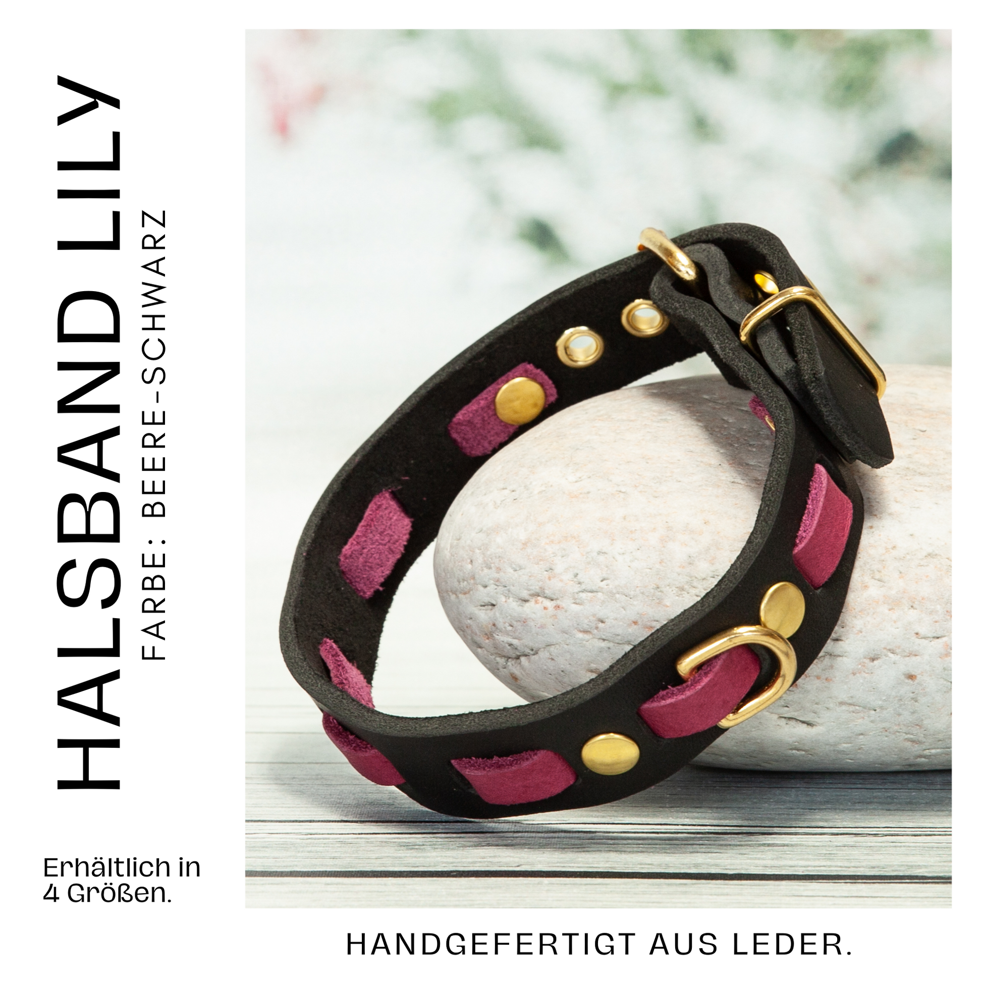 Atemberaubende Farbkombi: Handgemachtes Lederhalsband für deinen Hund. Beere und Schwarz. Hundehalsband. Halsband aus Leder. Details