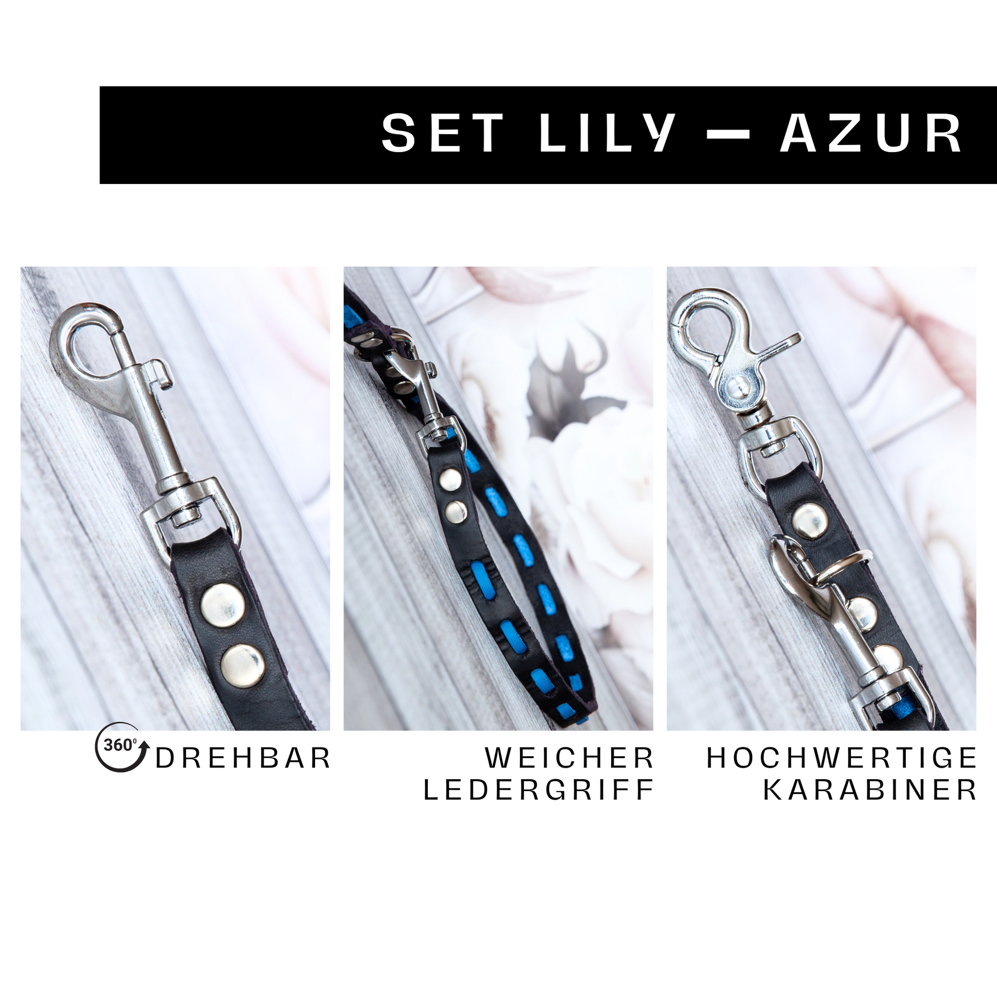 Set LILY handgefertigt aus Leder. Lederhalsband und Lederleine in der Farbe Azurblau und Schwarz. Hundehalsband und Leine. Hundeleine Details