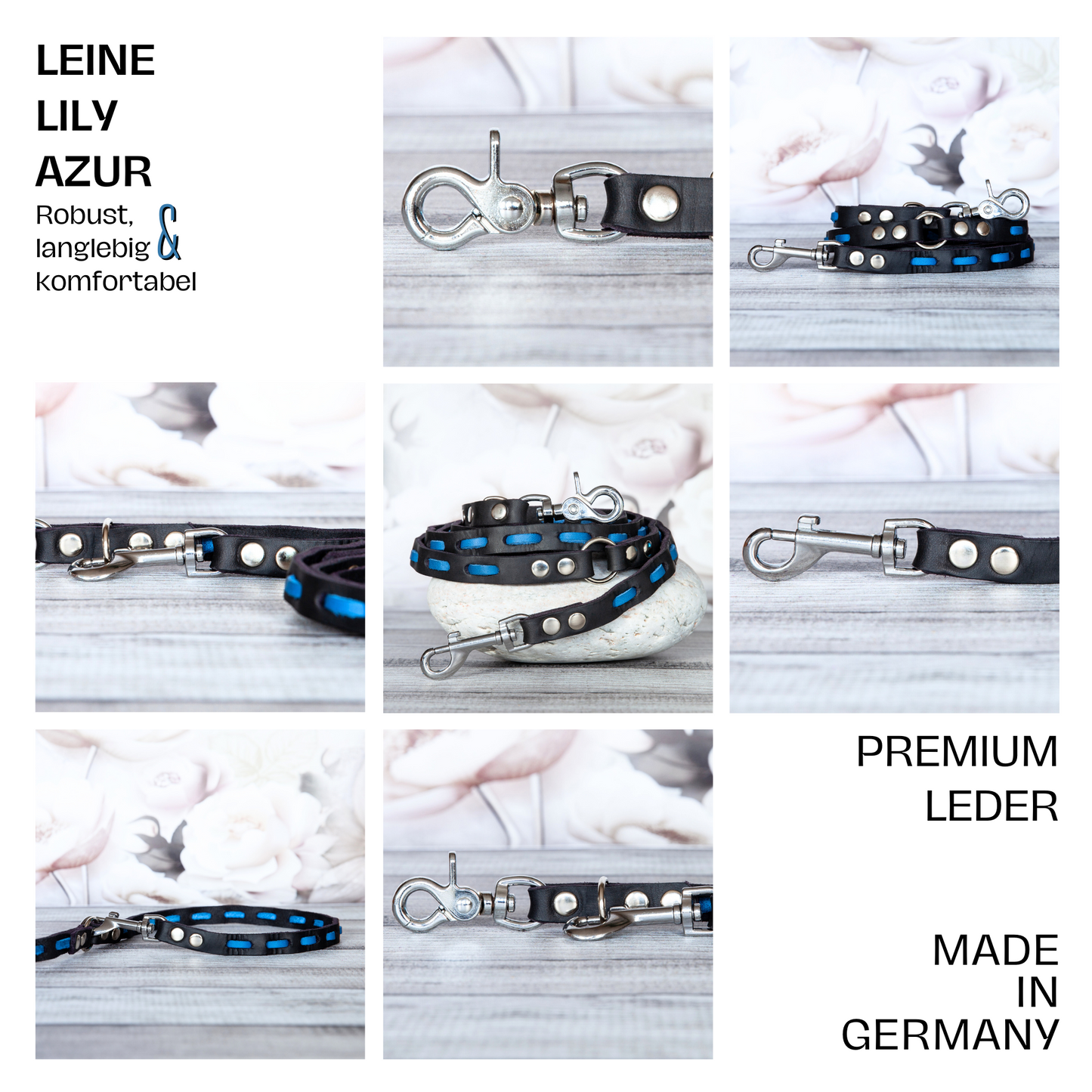 Set LILY handgefertigt aus Leder. Lederhalsband und Lederleine in der Farbe Azurblau und Schwarz. Hundehalsband und Leine. Lederleine Übersicht