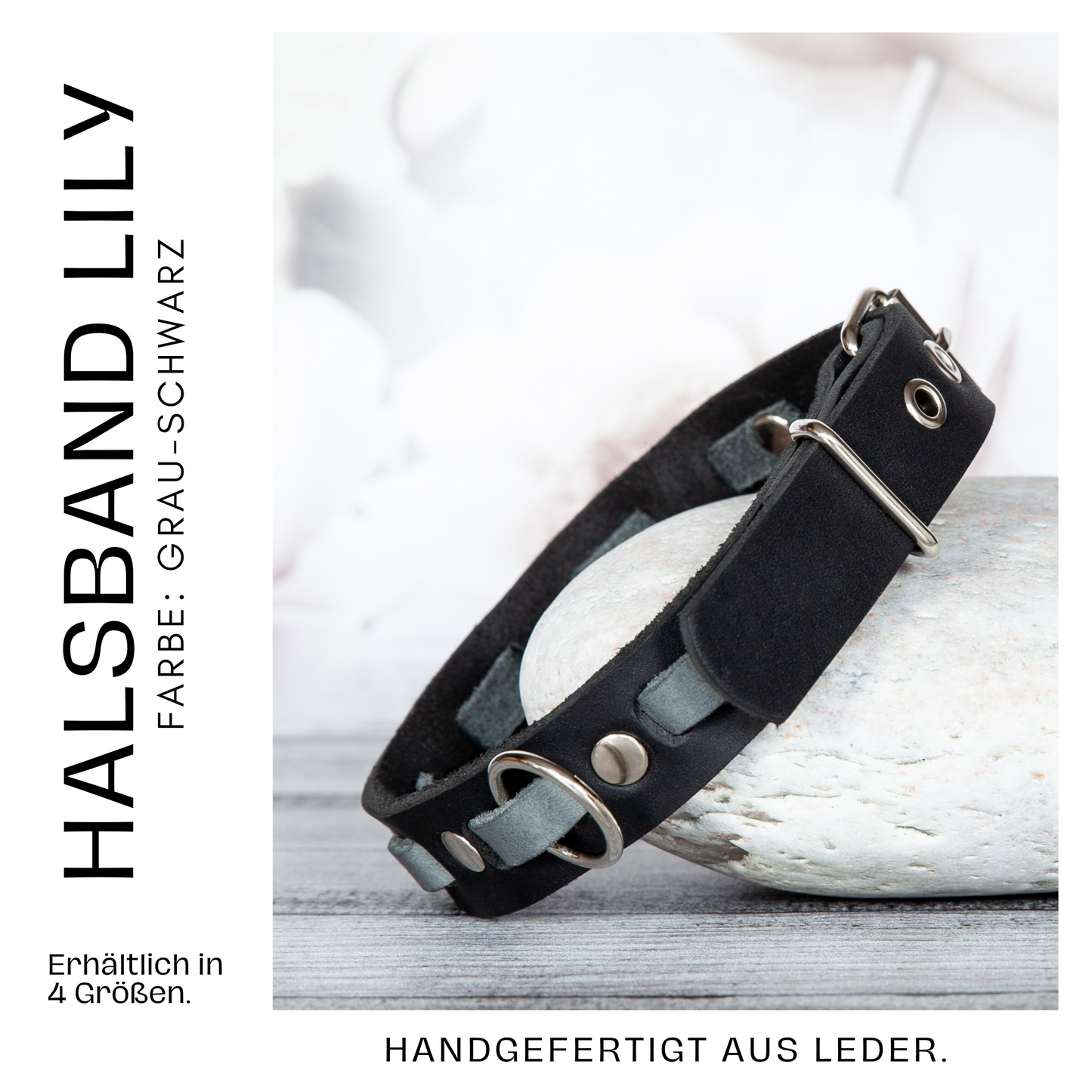 Atemberaubende Farbkombi: Handgemachtes Lederhalsband für deinen Hund. Grau und Schwarz. Hundehalsband. Halsband aus Leder. Details