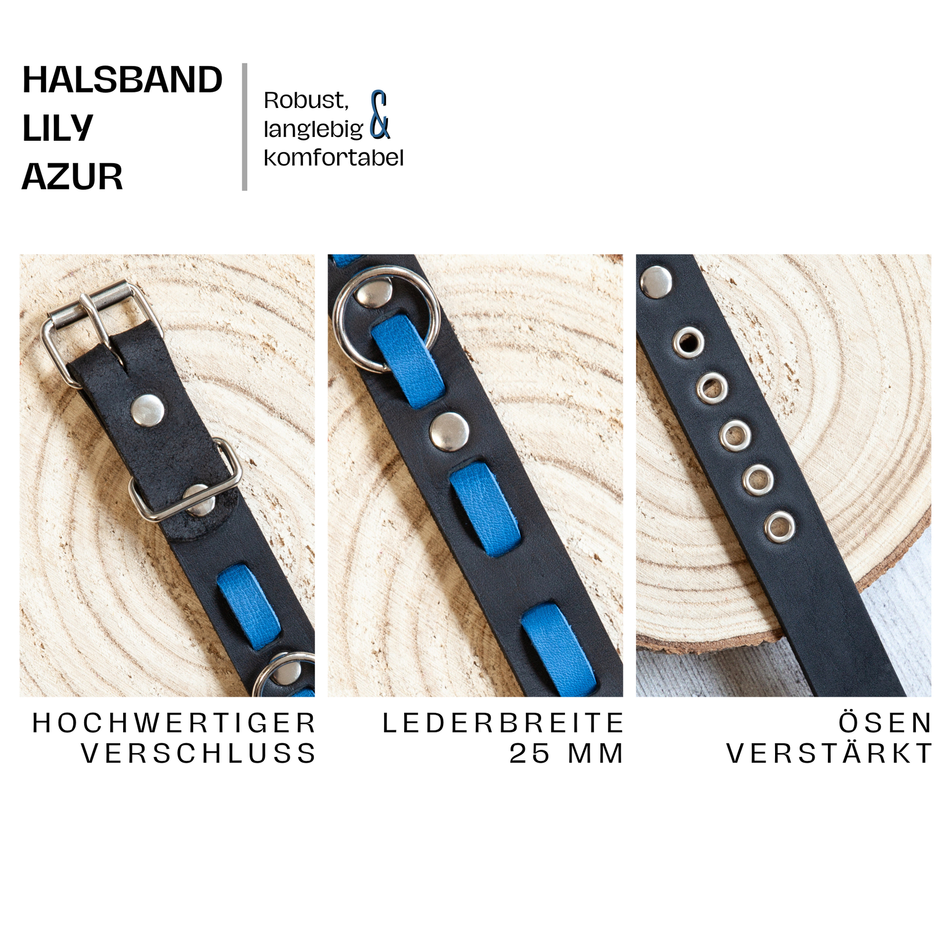 Set LILY handgefertigt aus Leder. Lederhalsband und Lederleine in der Farbe Azurblau und Schwarz. Hundehalsband und Leine. Halsband Details