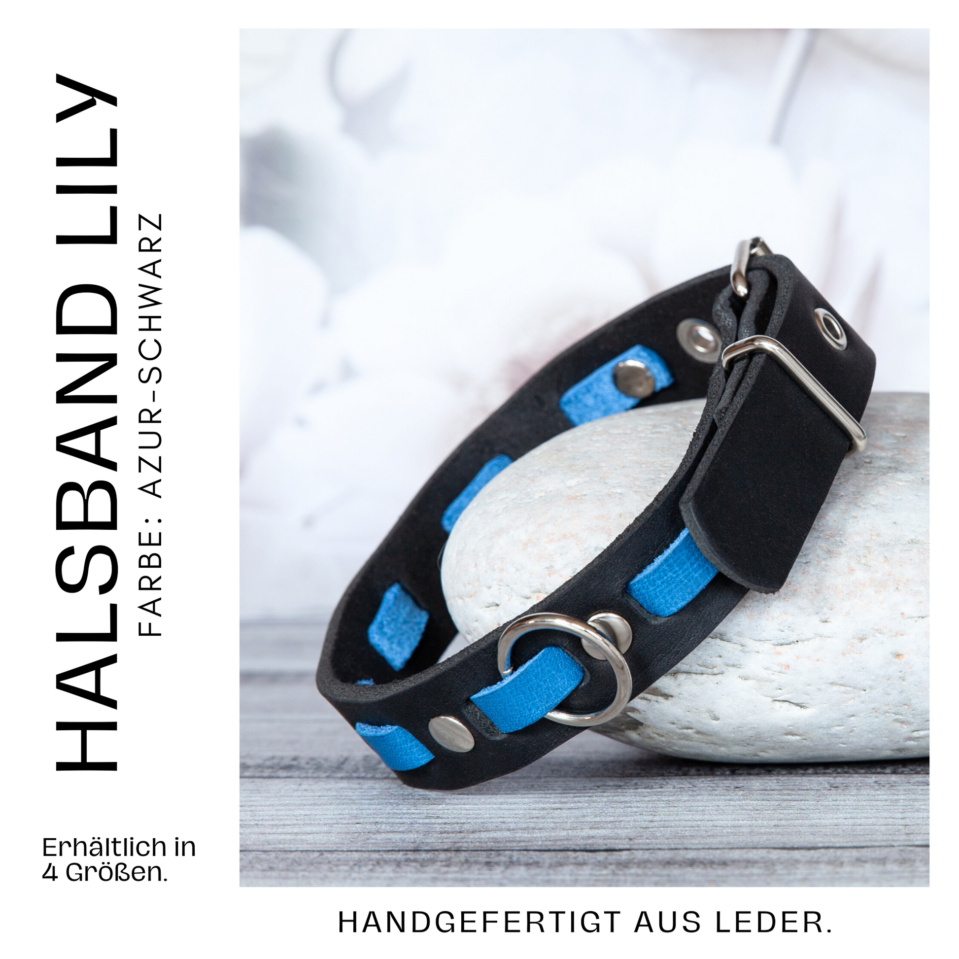 Set LILY handgefertigt aus Leder. Lederhalsband und Lederleine in der Farbe Azurblau und Schwarz. Hundehalsband und Leine. Halsband Übersicht