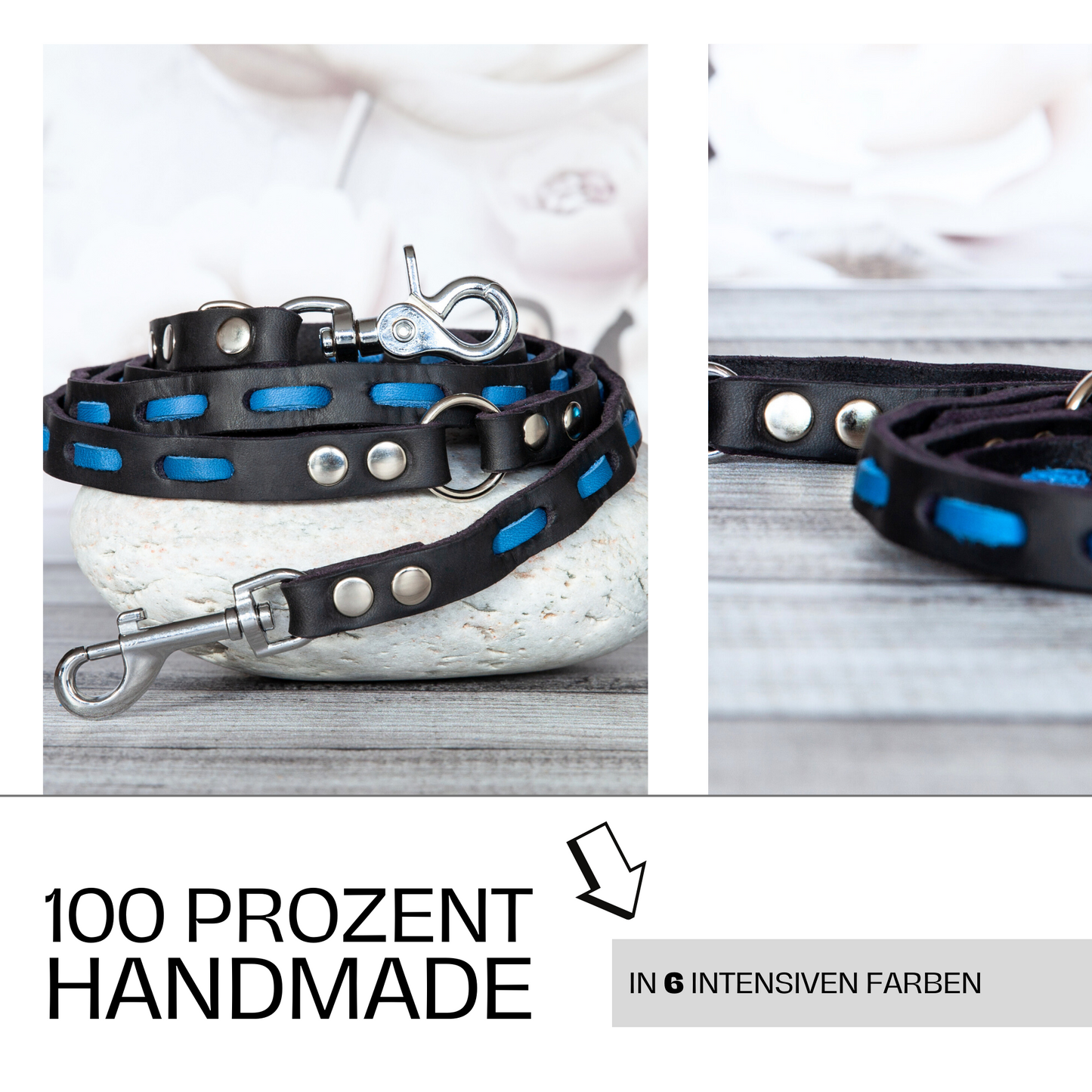 Set LILY handgefertigt aus Leder. Lederhalsband und Lederleine in der Farbe Azurblau und Schwarz. Hundehalsband und Leine. In 6 Farbkombinationen