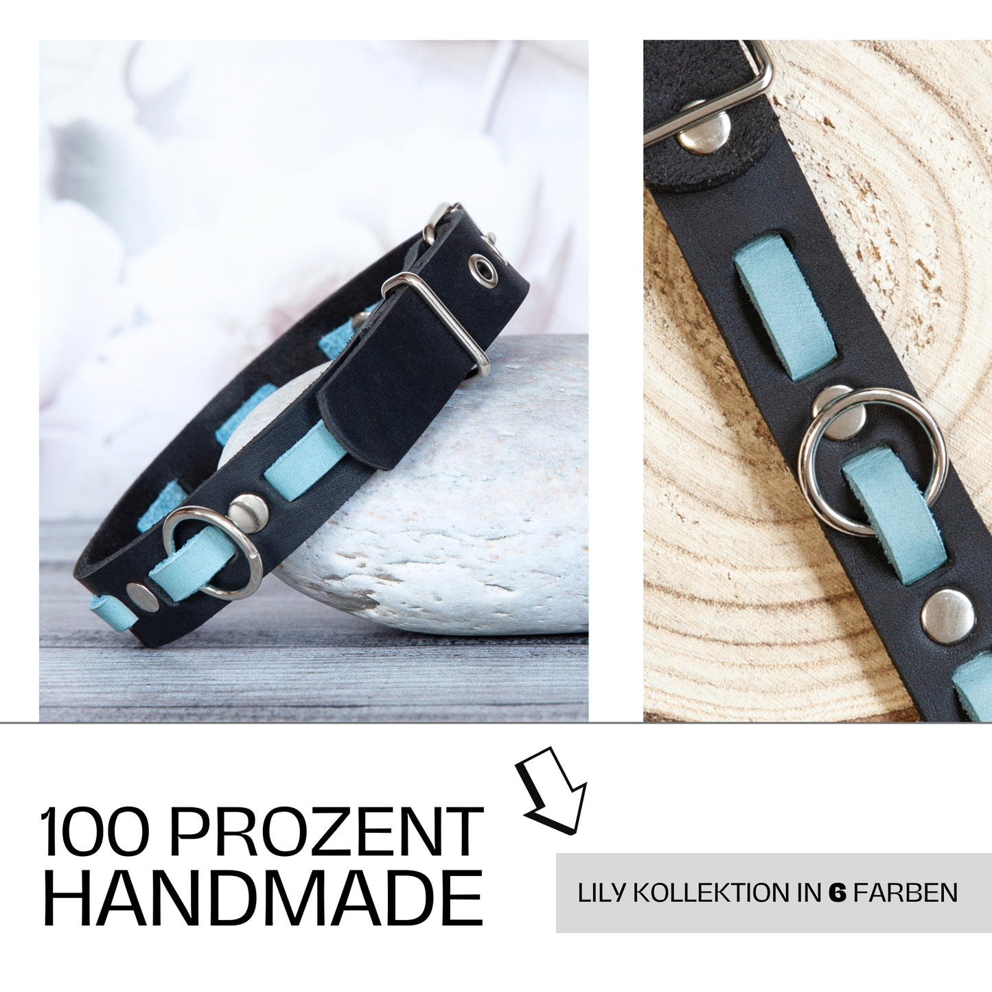 Atemberaubende Farbkombi: Handgemachtes Lederhalsband für deinen Hund. Eisblau und Schwarz. Hundehalsband. Halsband aus Leder. 6 Farben