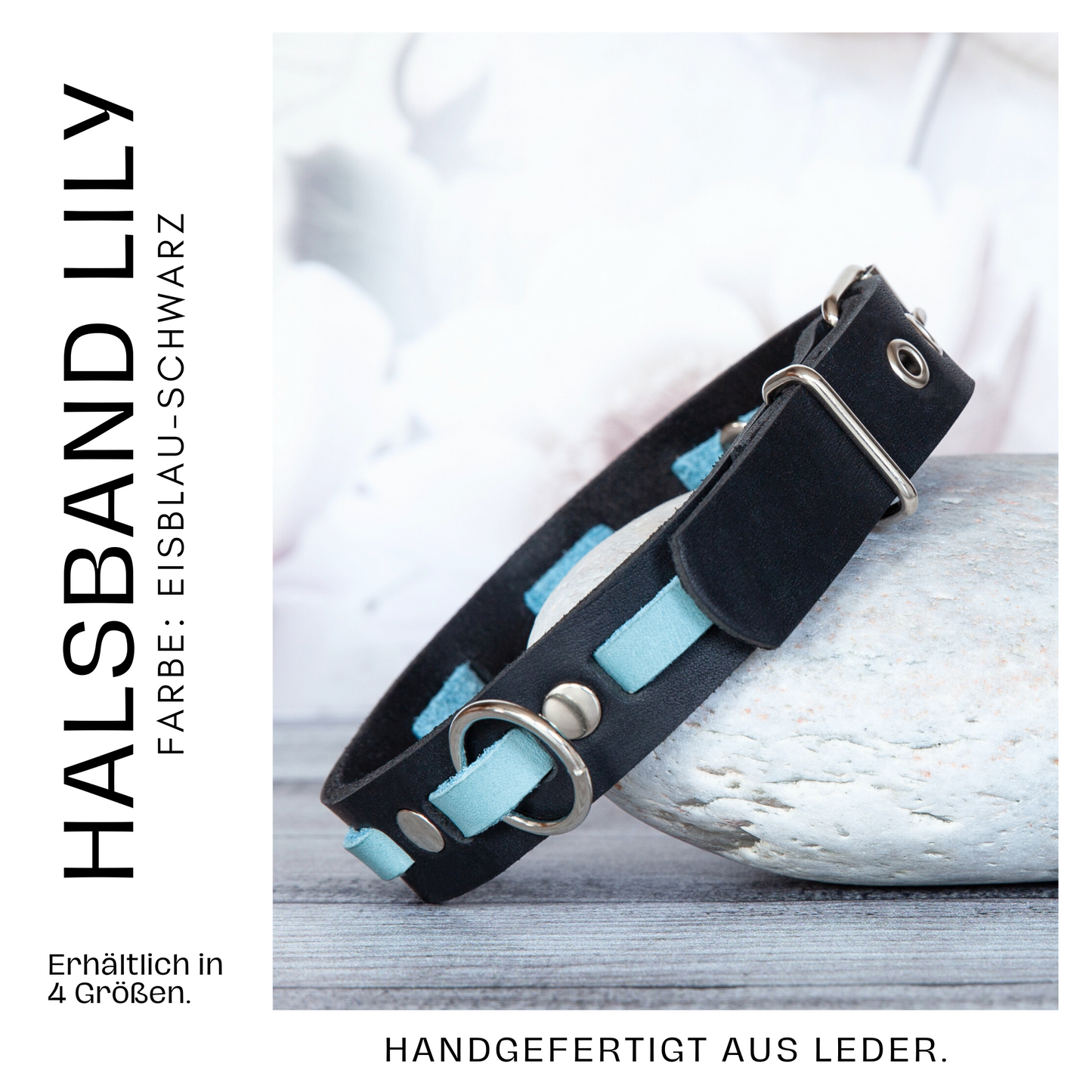 Set LILY handgefertigt aus Leder. Lederhalsband und Lederleine in der Farbe Eisblau und Schwarz. Hundehalsband und Leine. Halsband Details