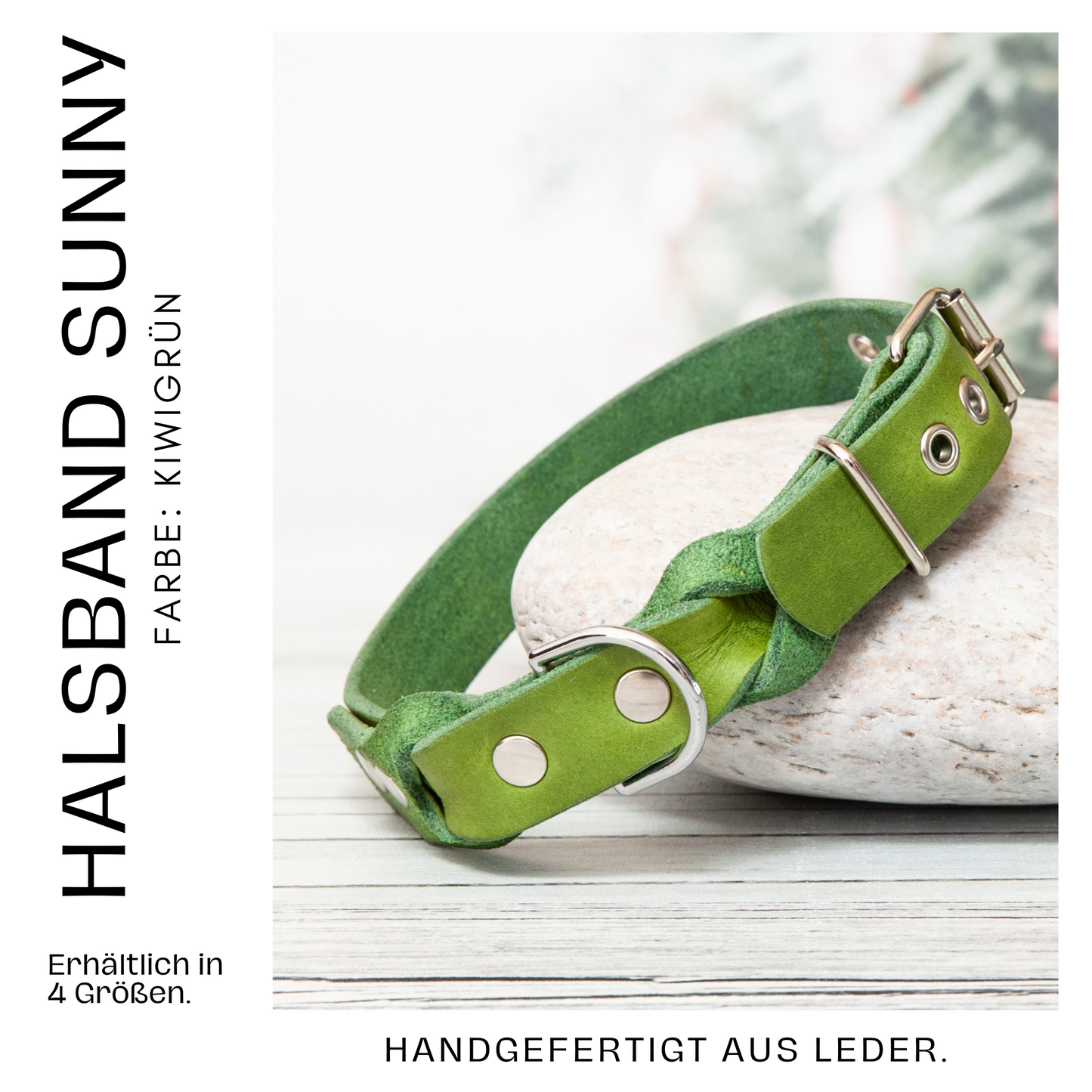 Halsband SUNNY aus Leder. Hundehalsband aus Leder in der Farbe Kiwi Grün.  Lederhalsband für Fellnasen. Detail 2