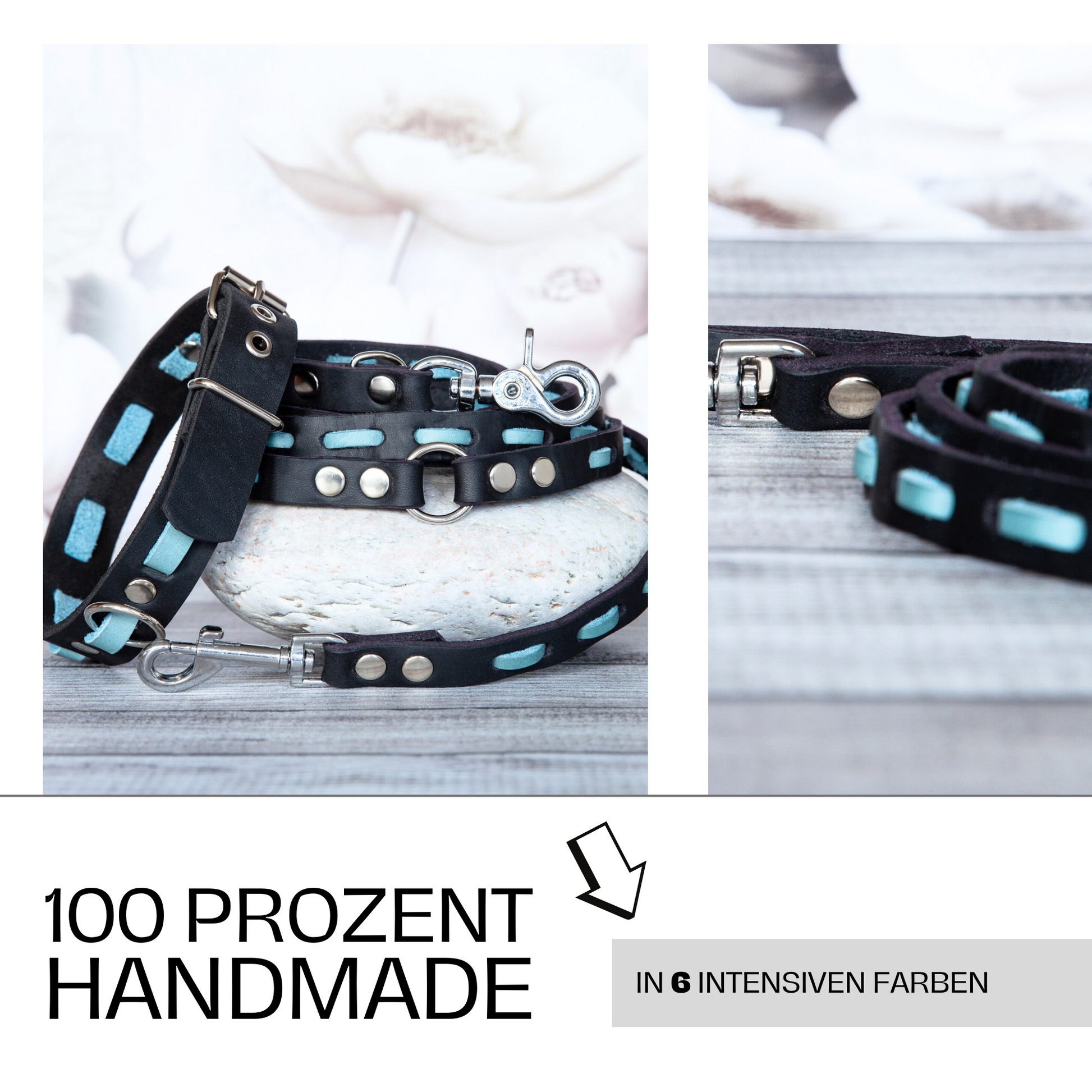 Set LILY handgefertigt aus Leder. Lederhalsband und Lederleine in der Farbe Eisblau und Schwarz. Hundehalsband und Leine. In 6 Farbkombinationen