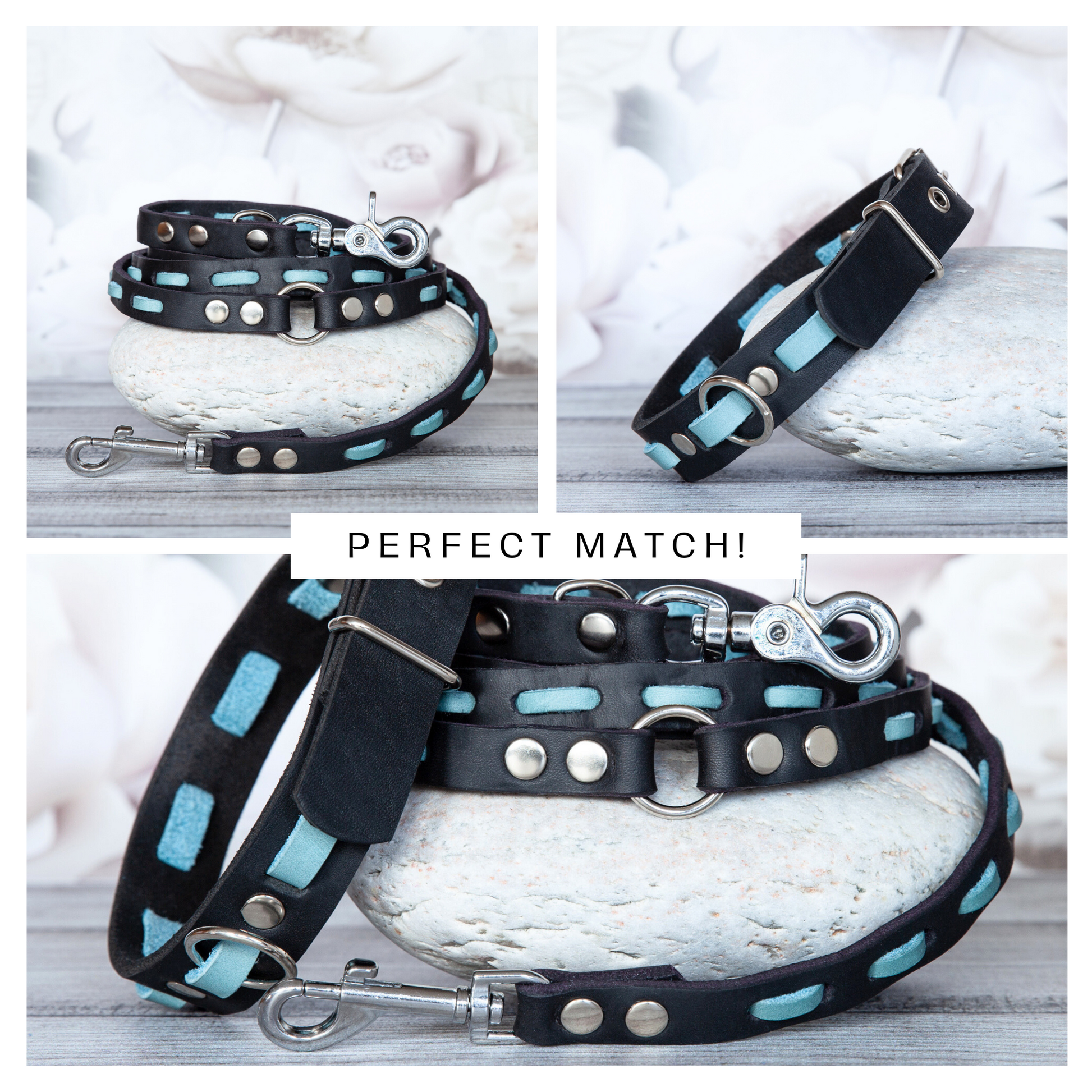 Set LILY handgefertigt aus Leder. Lederhalsband und Lederleine in der Farbe Eisblau und Schwarz. Hundehalsband und Leine. Perfect match!