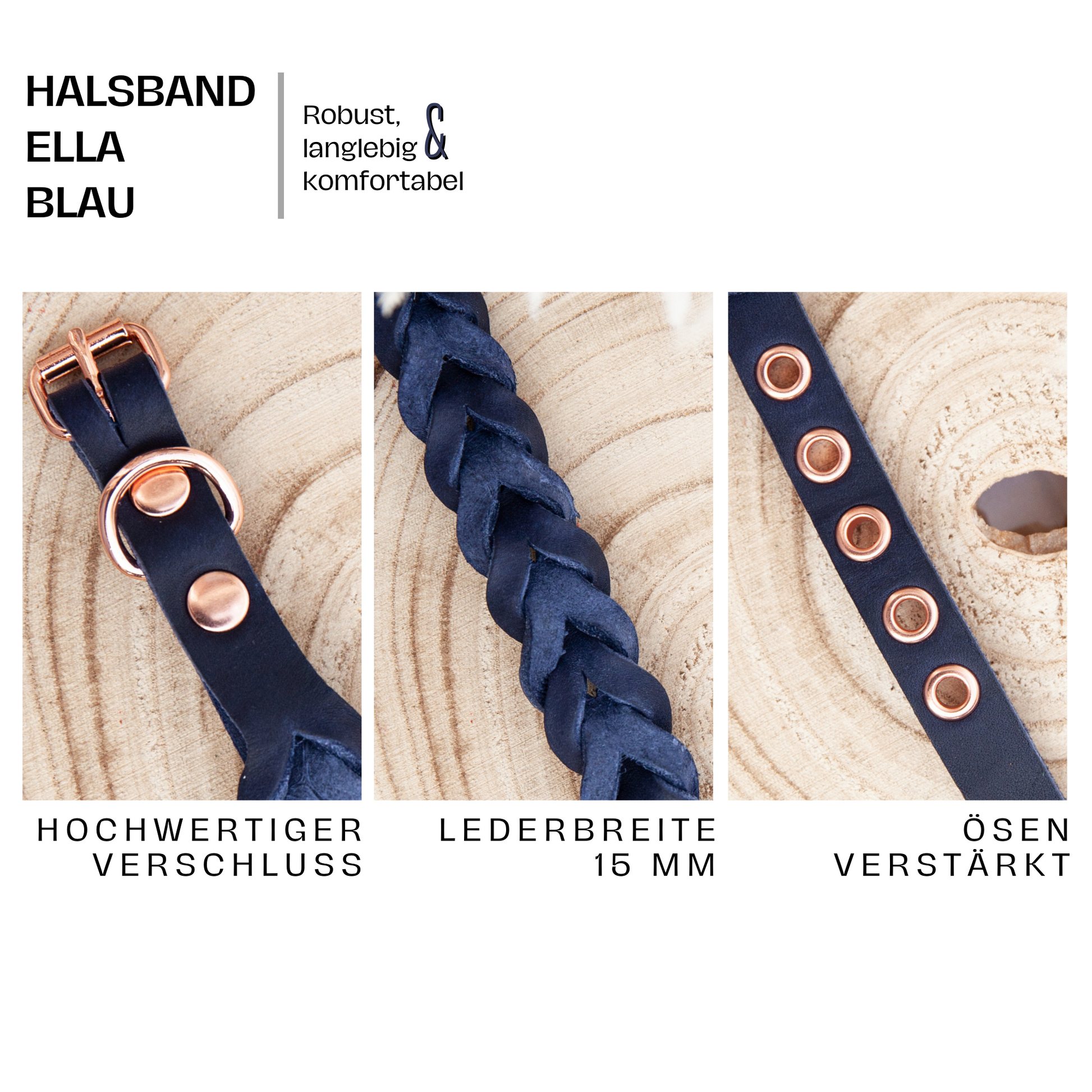 Halsband ELLA. Hundehalsband aus blauem Leder. Handgefertigtes Lederhalsband. Detail