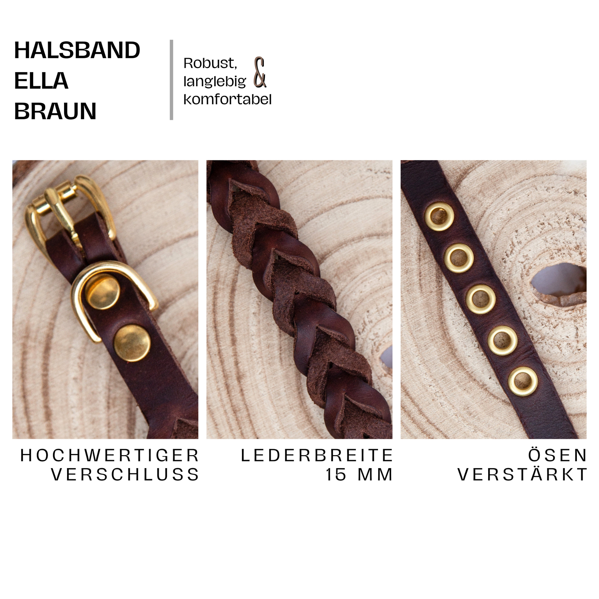 Halsband ELLA. Hundehalsband aus braunem Leder. Handgefertigtes Lederhalsband. Detail