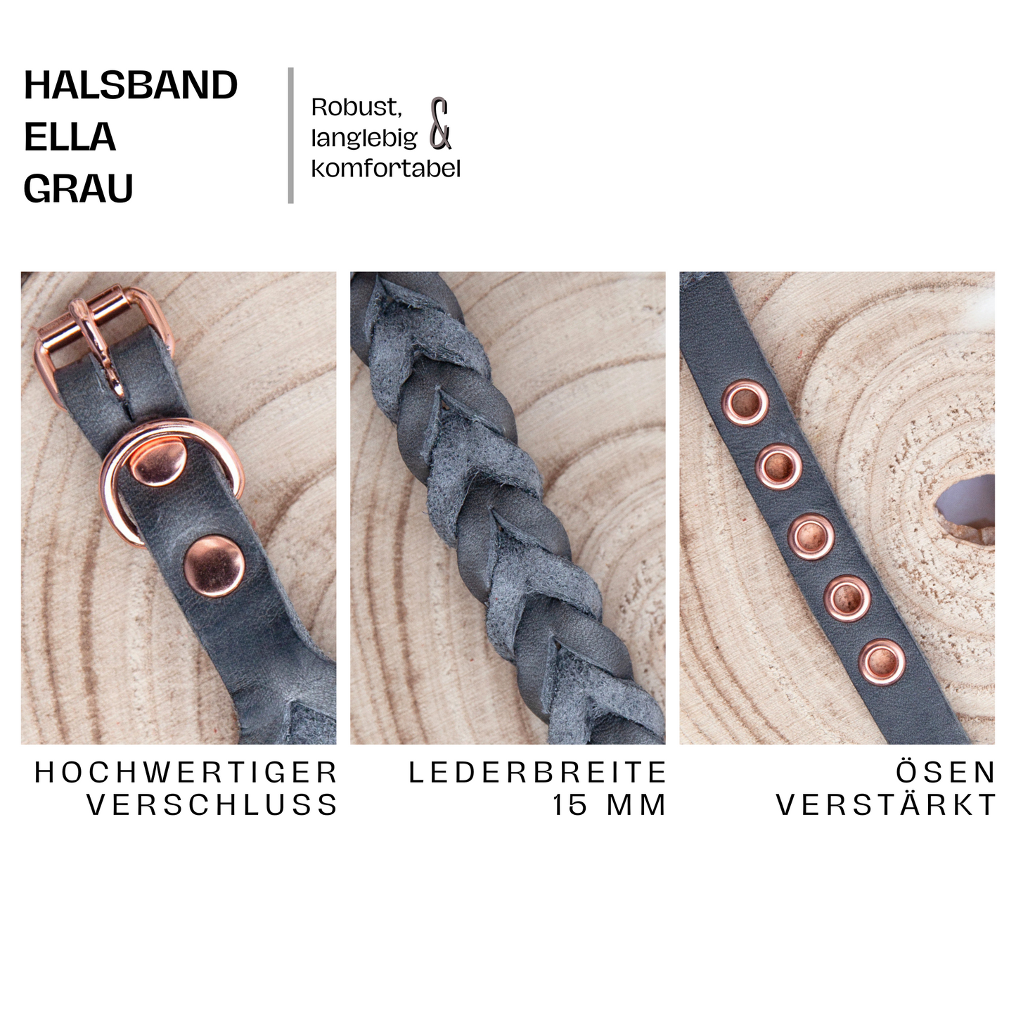 Halsband ELLA. Hundehalsband aus grauem Leder. Handgefertigtes Lederhalsband. Detail